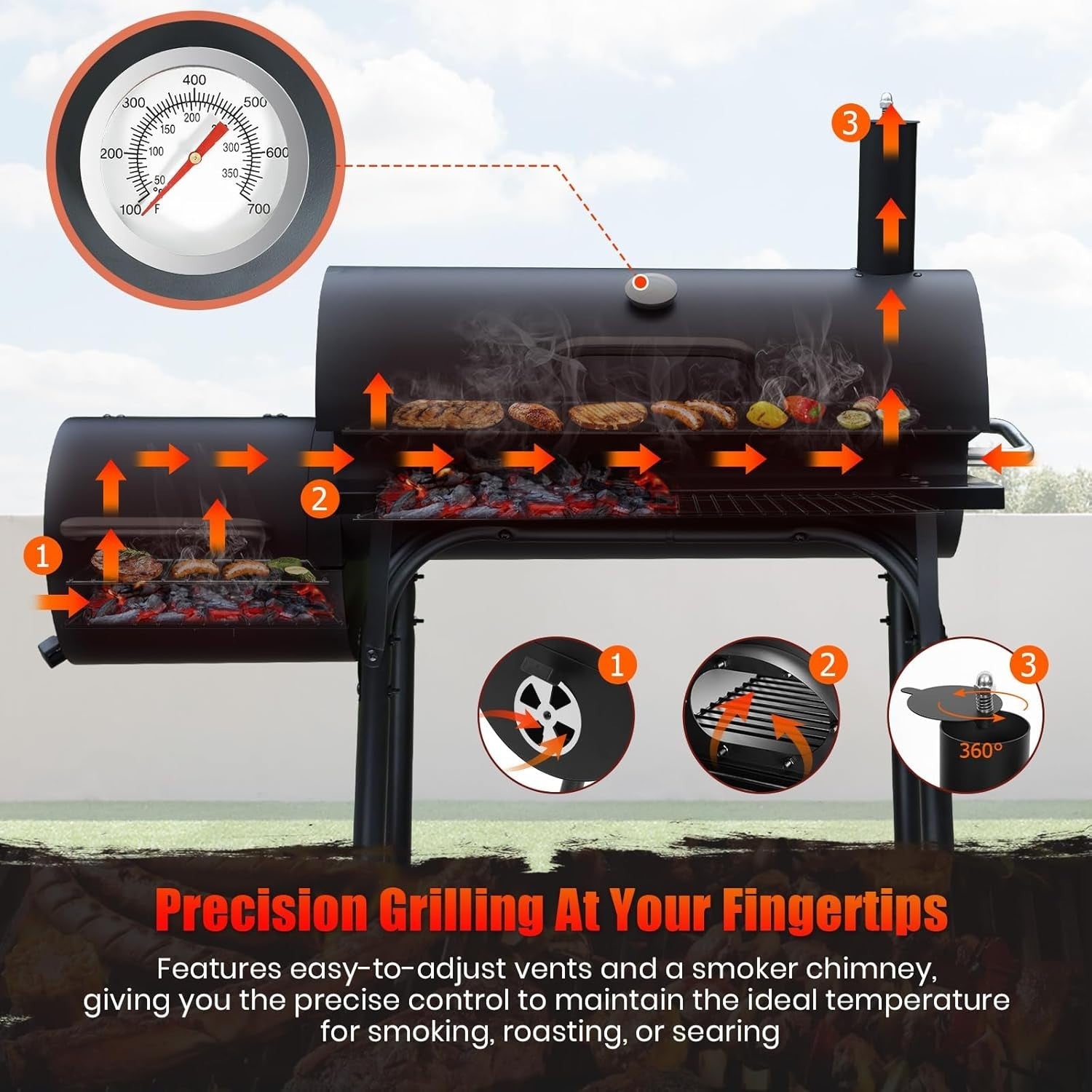 Large Charcoal BBQ Grill with Offset Smoker | Built-In Thermometer