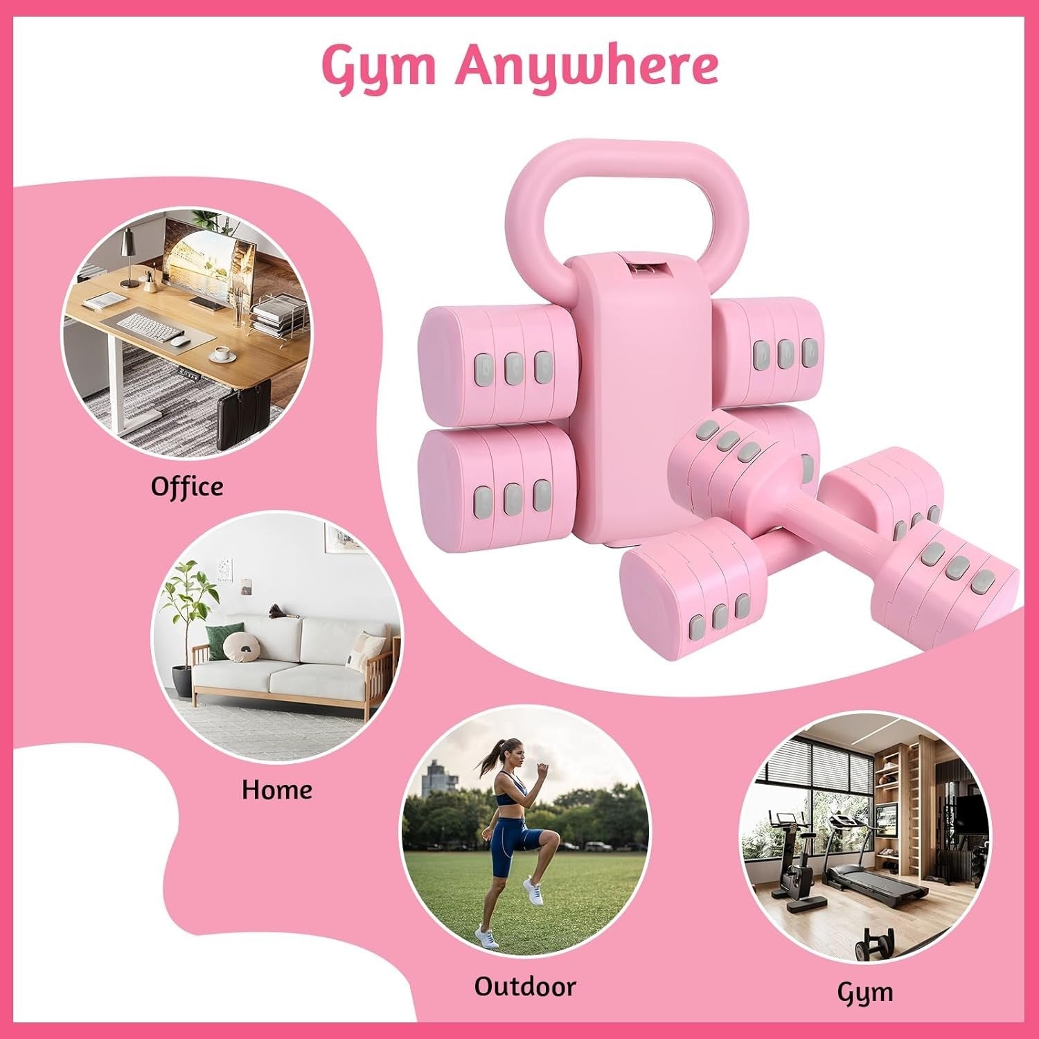 2-in-1 Adjustable Kettlebell Dumbbell Set 1–5kg Pink Home Gym