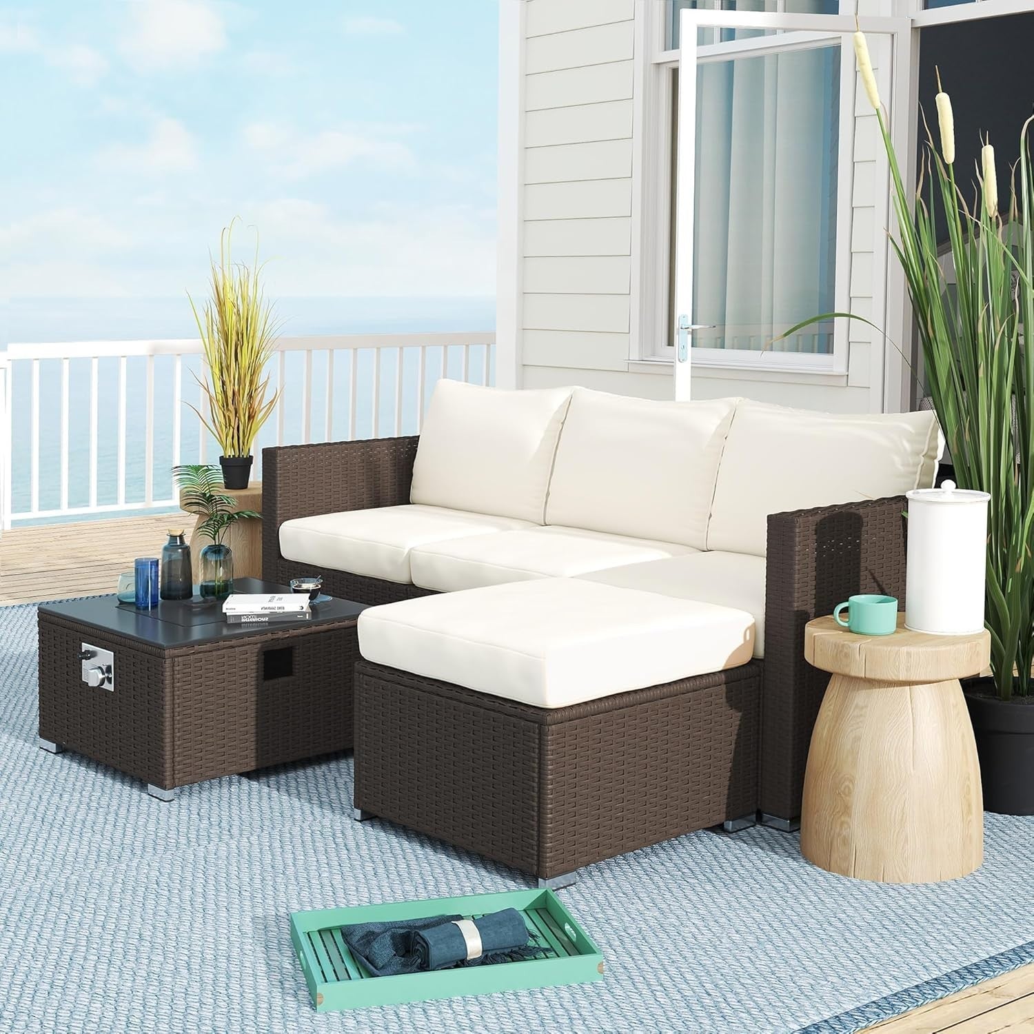 5-Piece Outdoor Rattan Sofa Set with Gas Fire Pit Table & Cushions