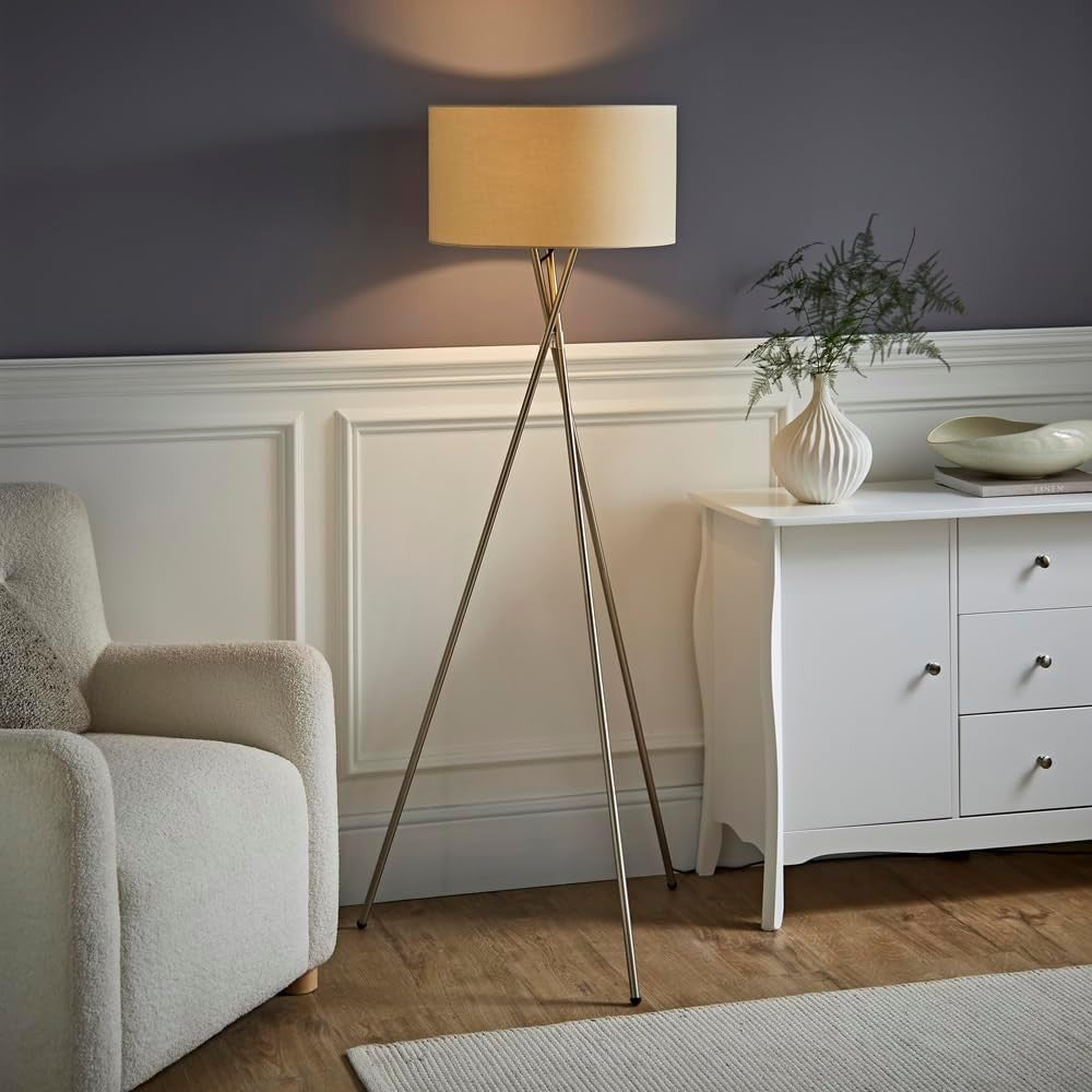 Chrome Tripod Floor Lamp Beige Drum Shade Modern Standing Light E27