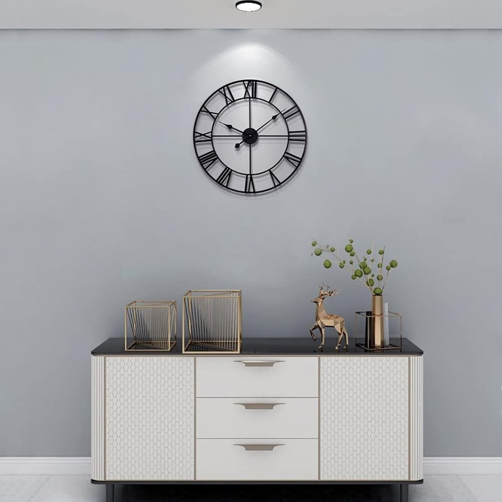 40cm Large Roman Numeral Wall Clock Black Metal Silent Quartz Modern Decor