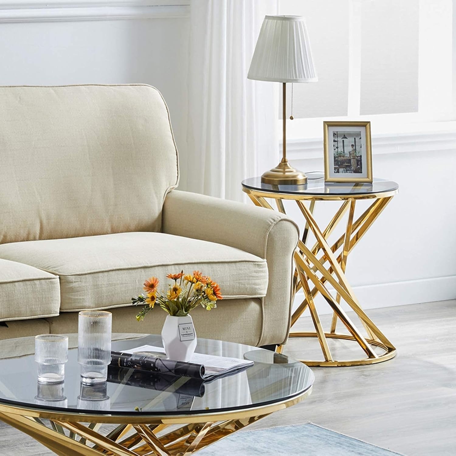 Round Gold Side Table Tempered Glass 50x50cm | Modern End Table for Living Room