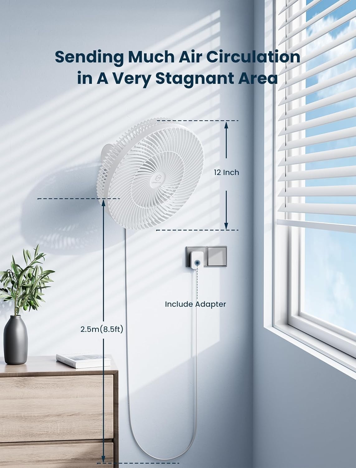 12" Wall Mount Fan Remote Control 4-Speed Quiet Cool Adjustable Tilt Timer White