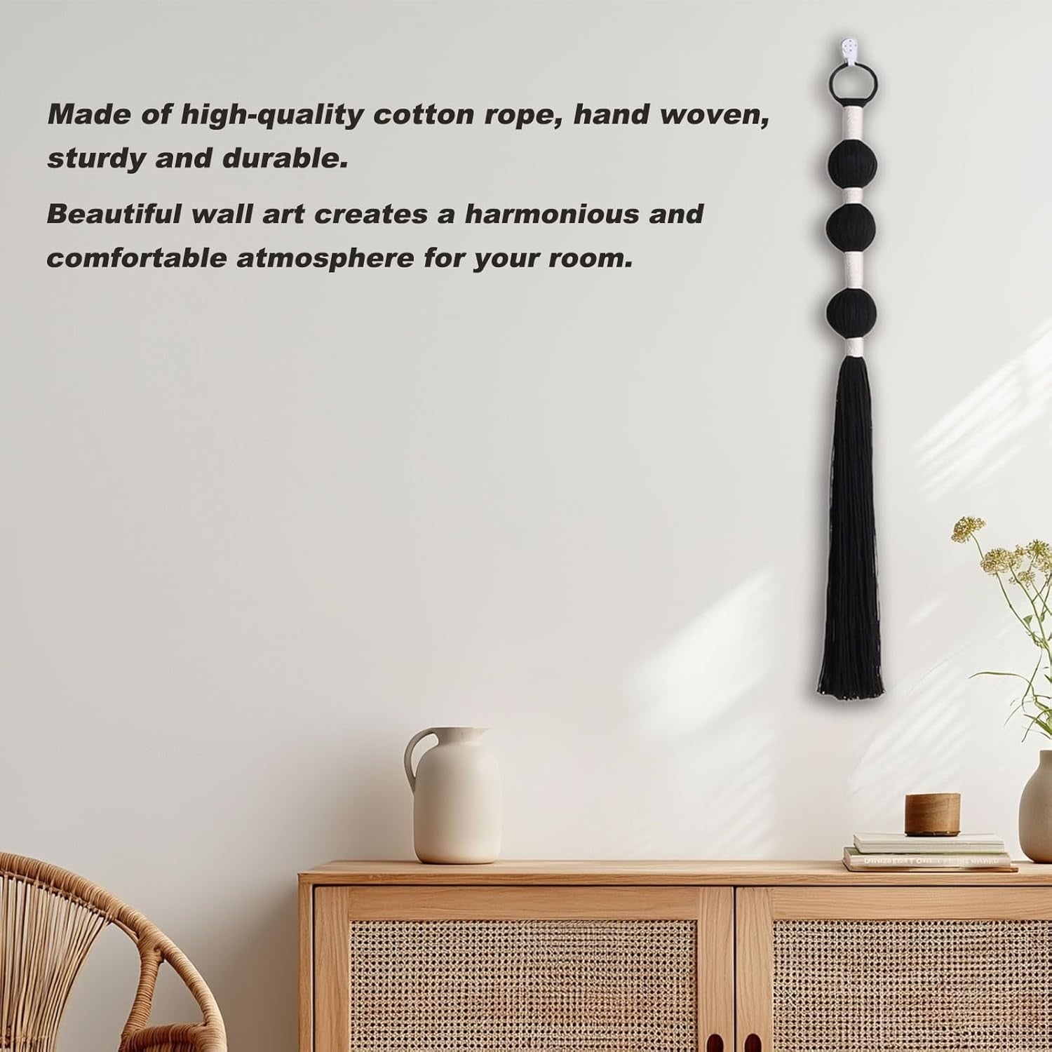 Black Boho Macrame Wall Hanging 5x70cm Cotton Tapestry Decor