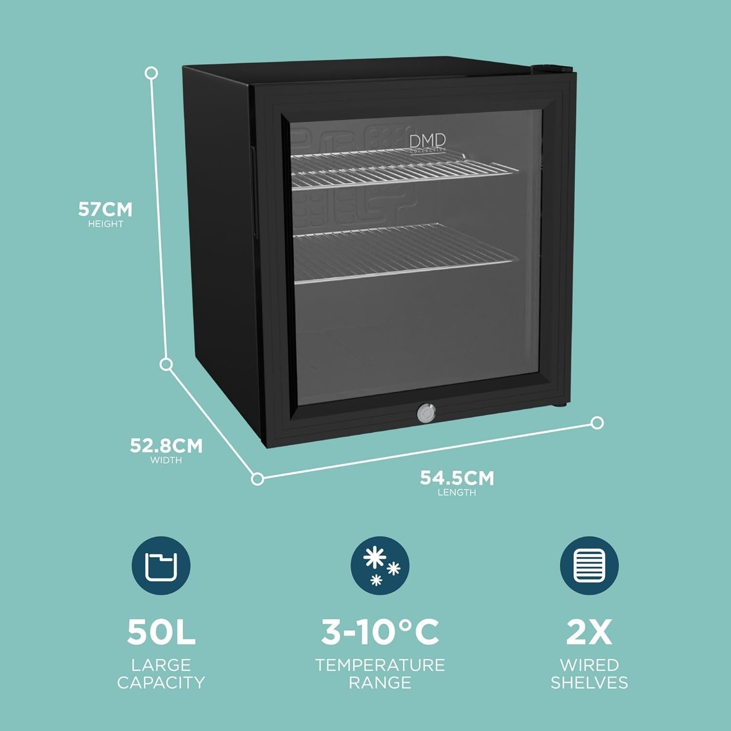50L Mini Fridge Countertop Glass Door LED Lockable Black Freezerless