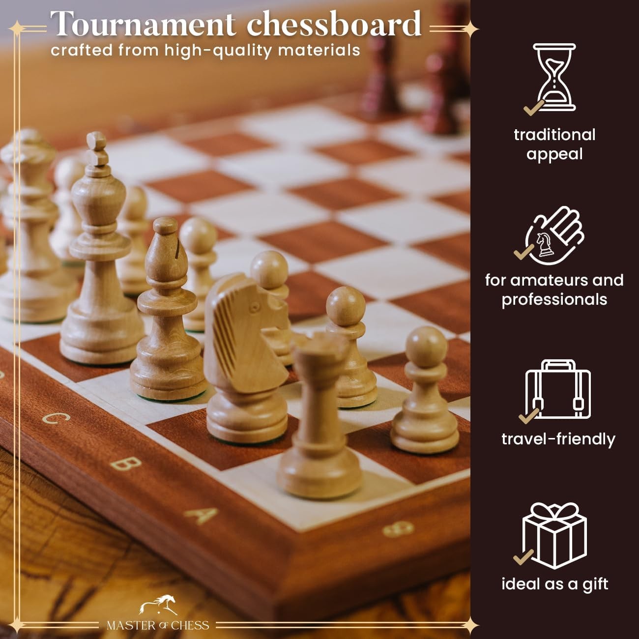 48cm Folding Wooden Chess Board – Professional Mahogany Inlaid Tournament Board