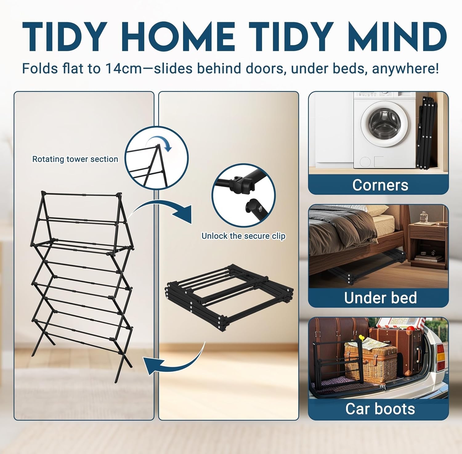 4 Tier Clothes Airer Extendable Foldable Drying Rack Space Saving Black