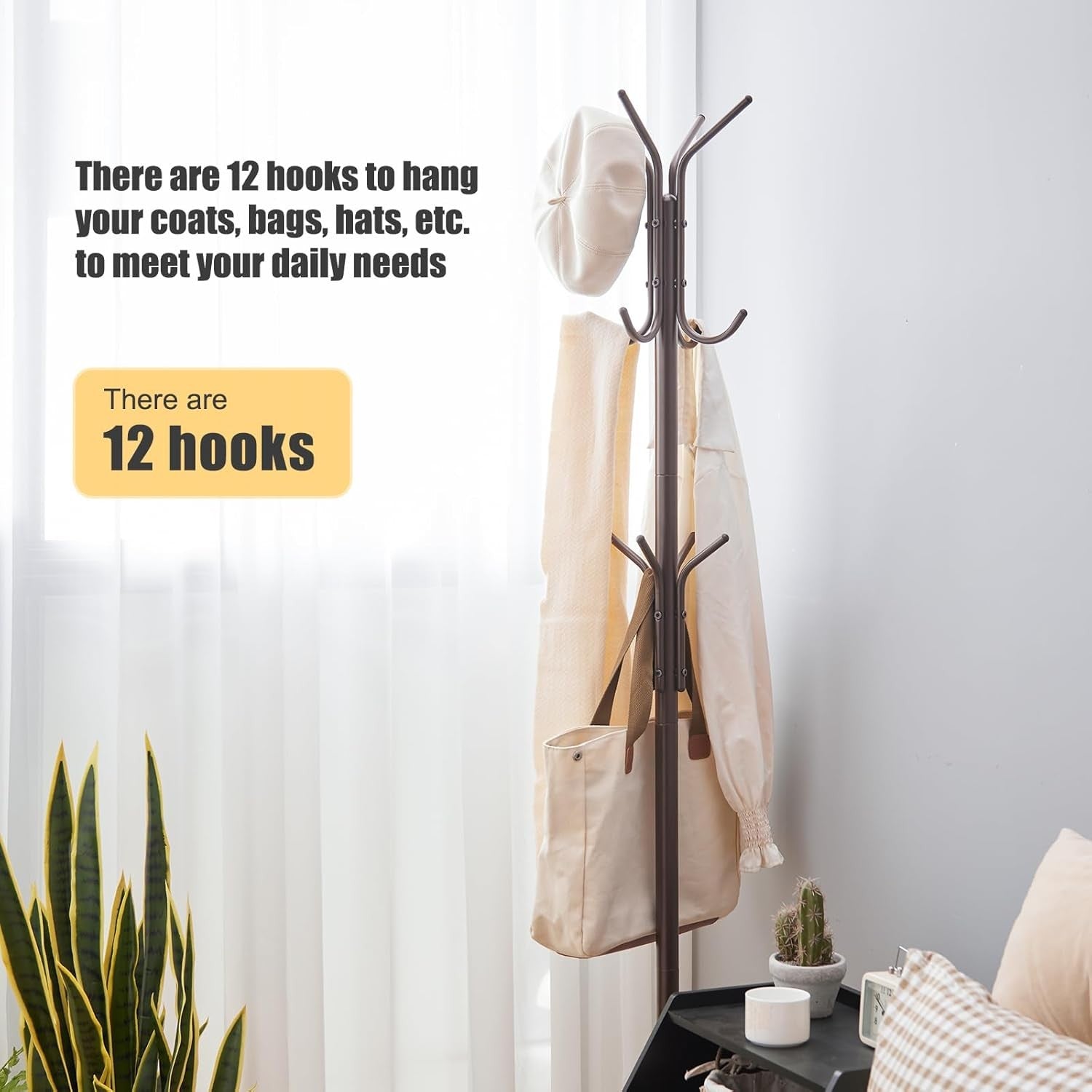 Freestanding Coat Rack with 12 Hooks | Brown Metal Hat & Scarf Stand
