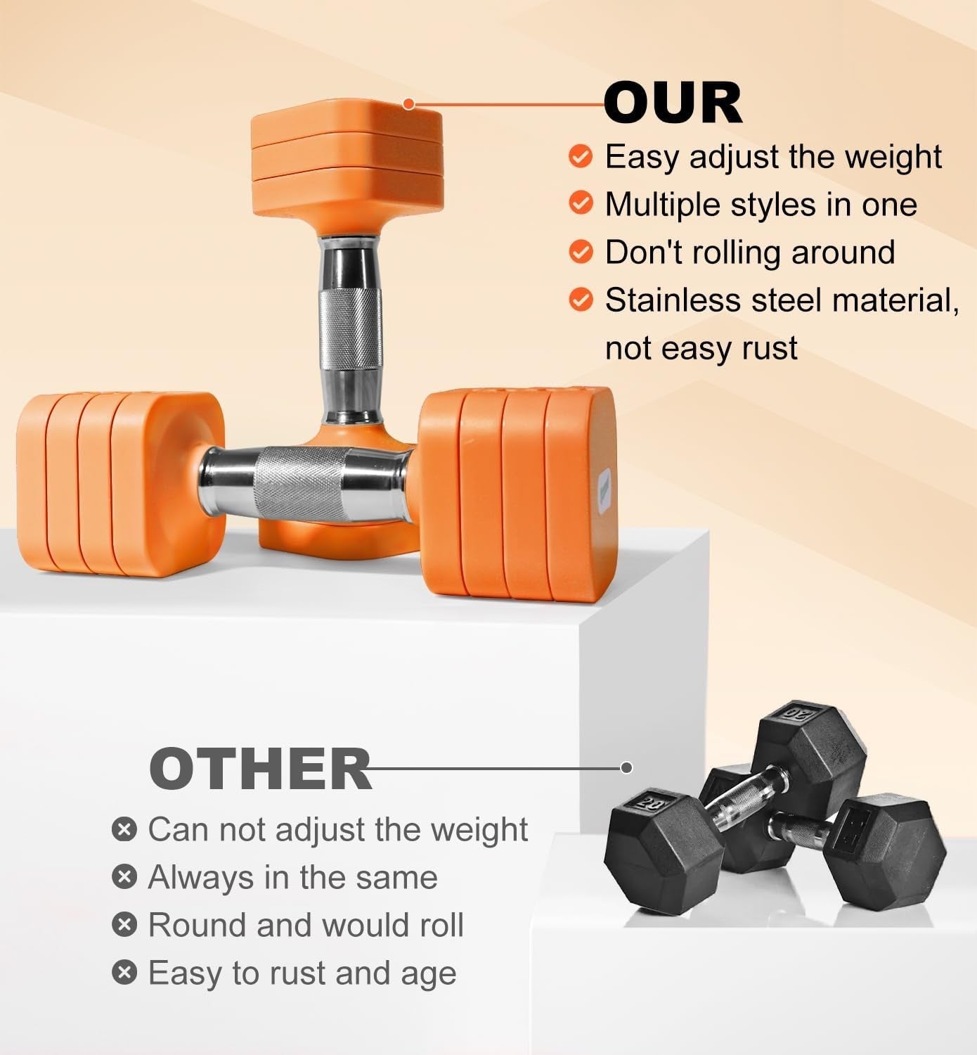 20LB Adjustable Dumbbells Pair 4-in-1 Anti-Roll Orange Home Gym Weights