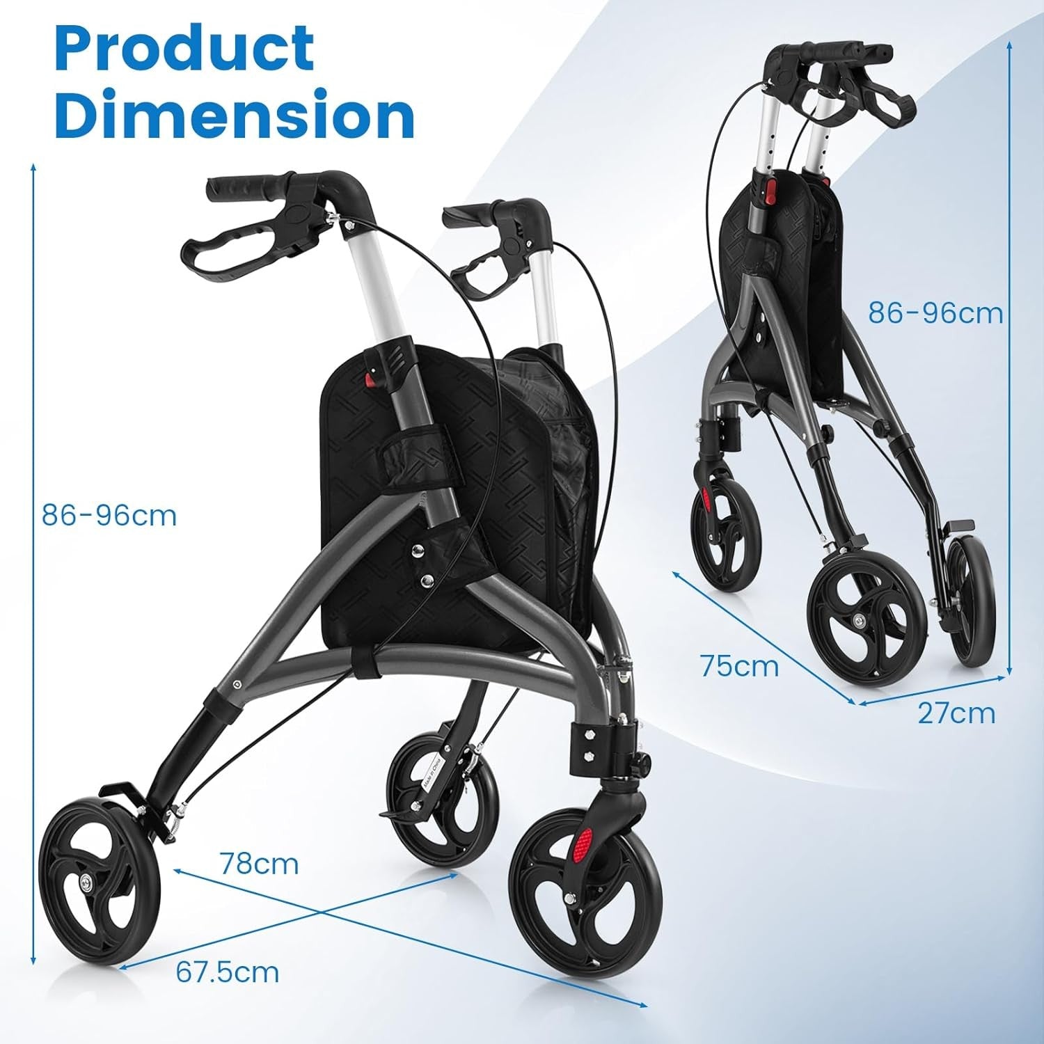 3 Wheel Folding Rollator Walker Lightweight Adjustable Mobility Aid
