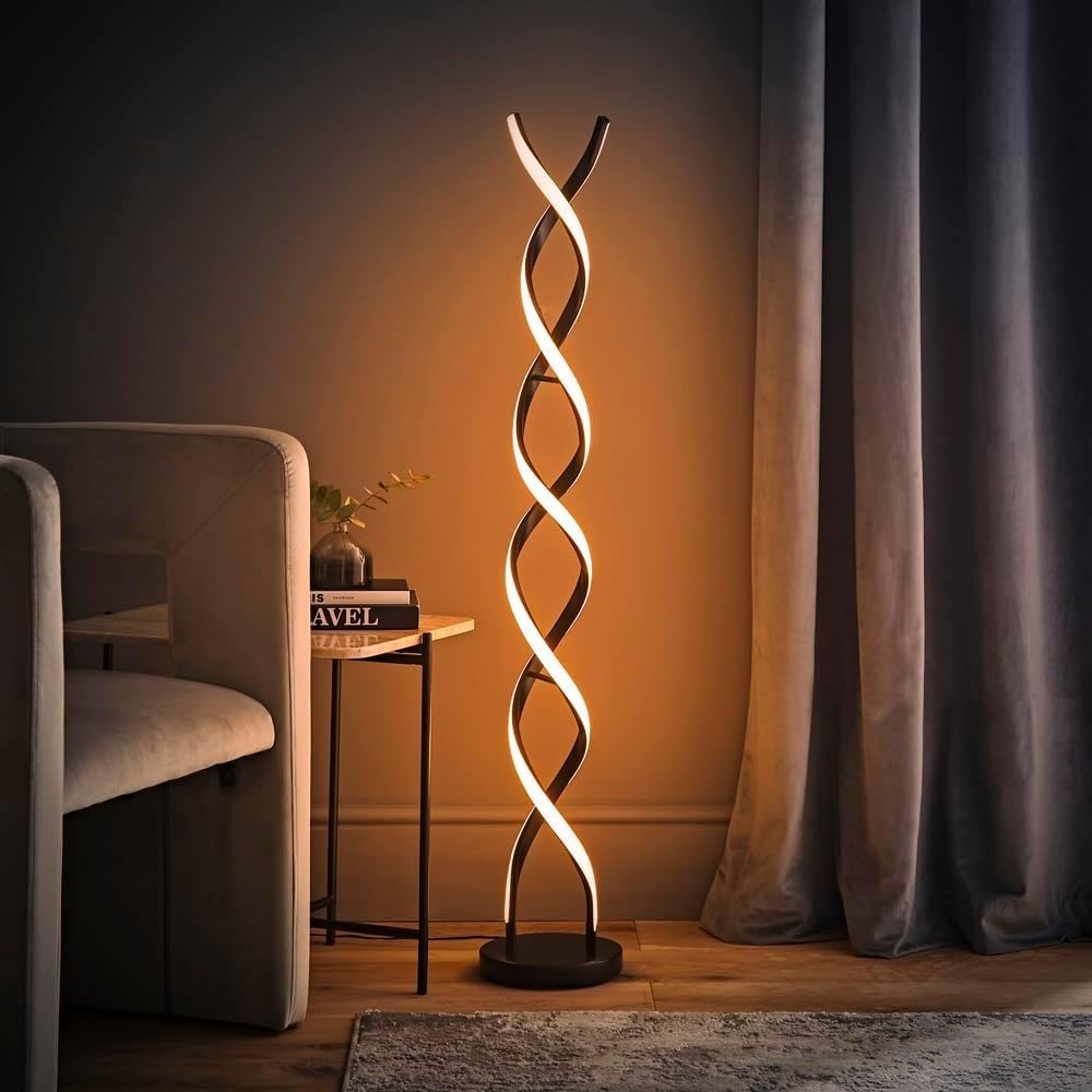 Modern Black LED Double Twist Floor Lamp with Warm Light Ambience