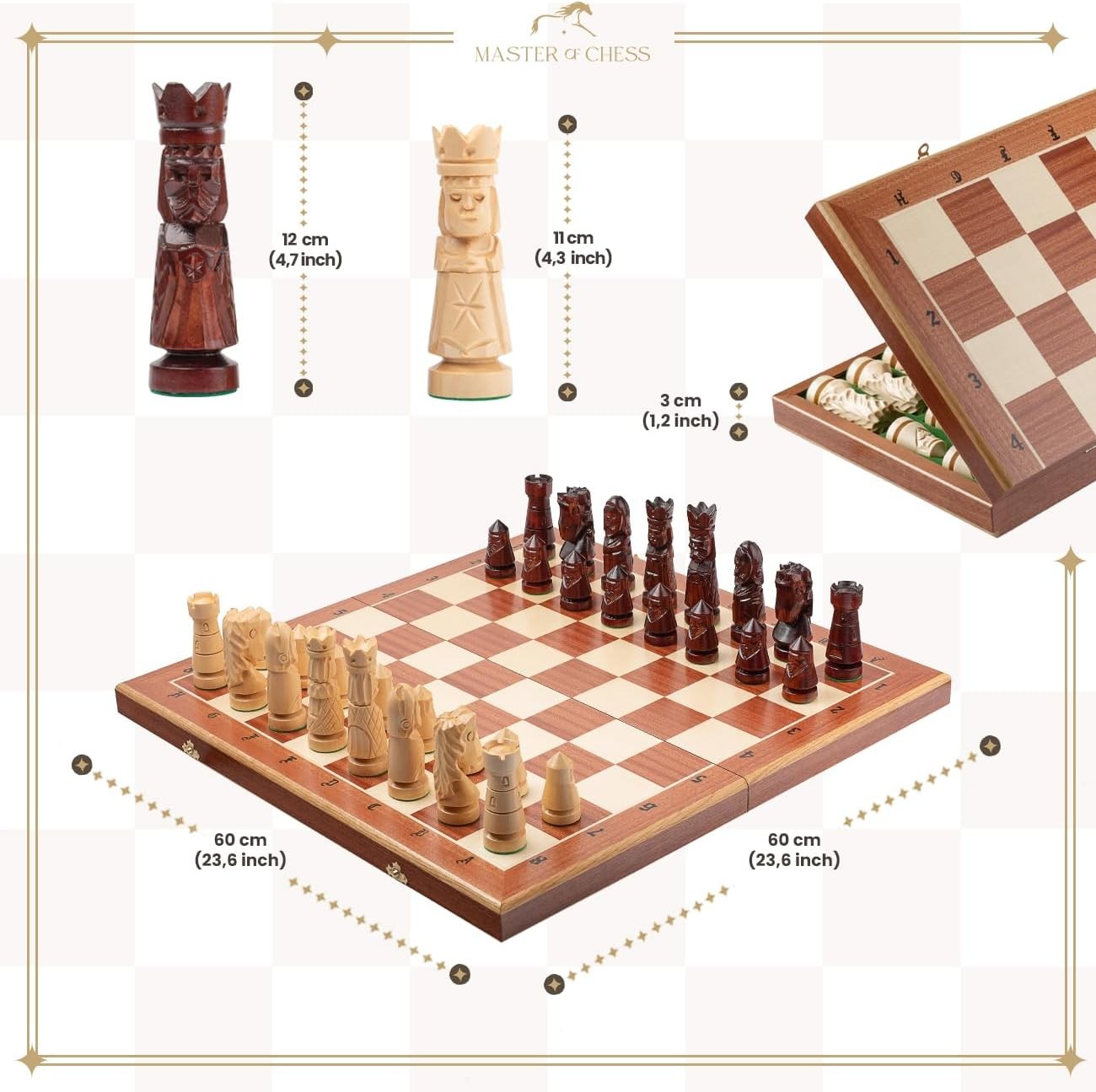 60cm XXL Luxury Inlaid Wooden Chess Set – Handcrafted Board & Tall Weighted Piec
