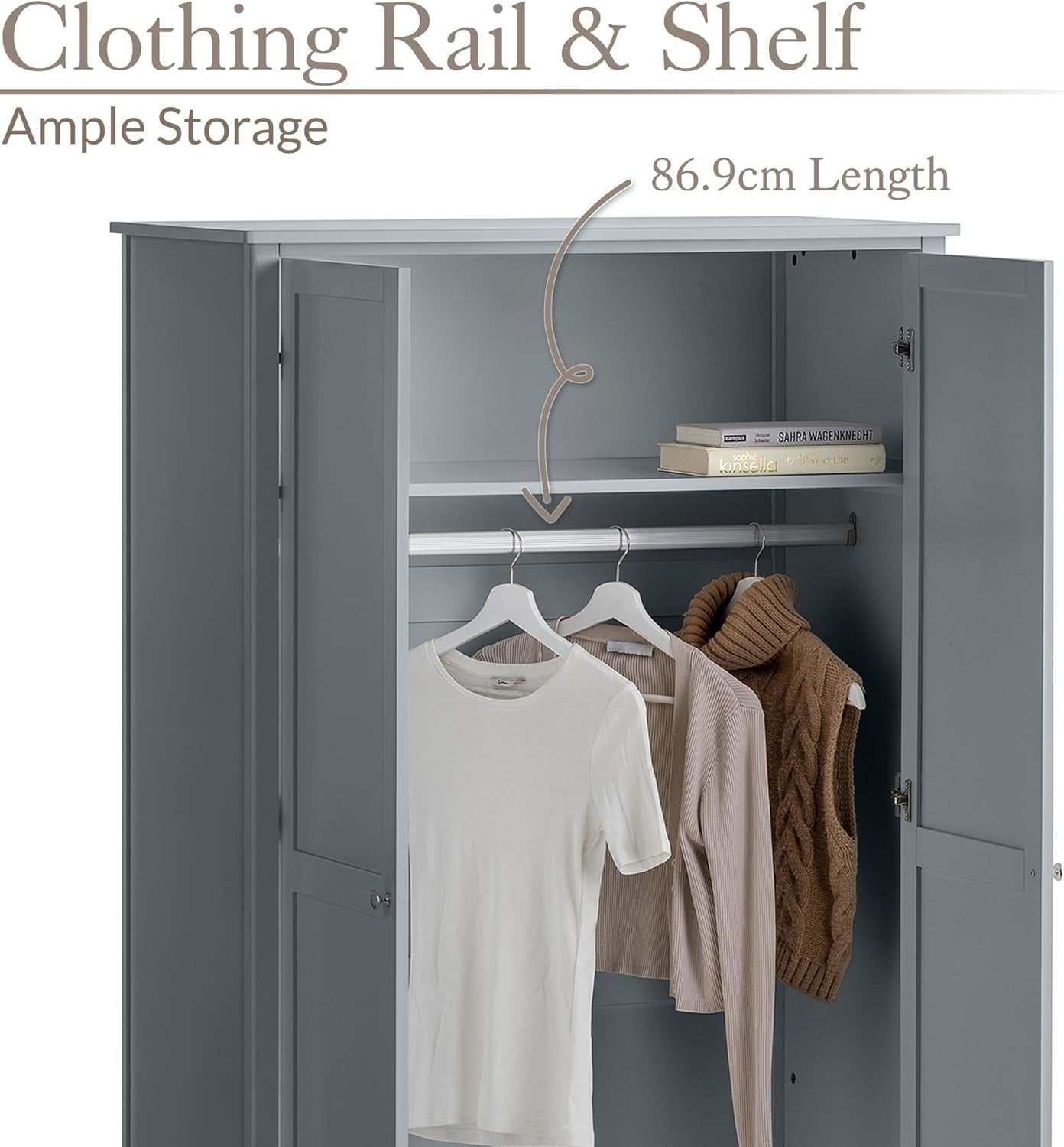 Grey Double Wardrobe with Drawer | Soft Close Doors | Clothes Rail Storage