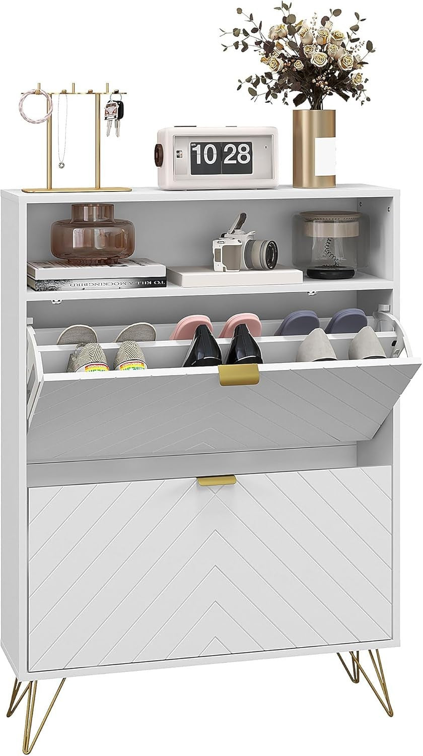 Slim Shoe Cabinet with 2 Flip Drawers & Adjustable Shelves, Holds 12 Pairs