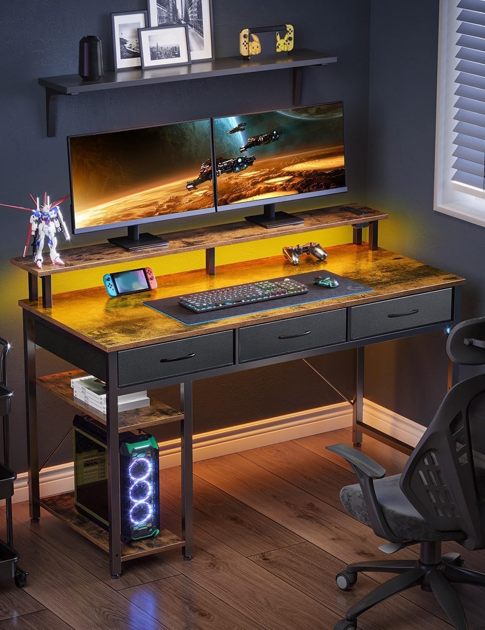 Rustic Brown 120cm Computer Desk w/Drawers, LED Lights & Power Outlets