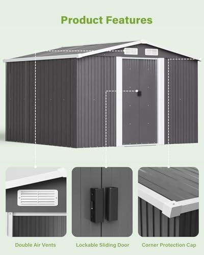Lockable 10x8 FT Metal Garden Shed with Base Outdoor Storage & Roof