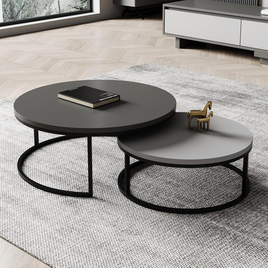 Round Nesting Coffee Table Set of 2 Dark/Light Grey Wood Top Metal Frame