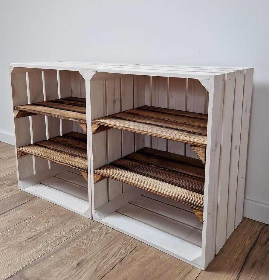 2-Tier Burnt White Wooden Crates Storage Shelf Organizer 50x40x30cm
