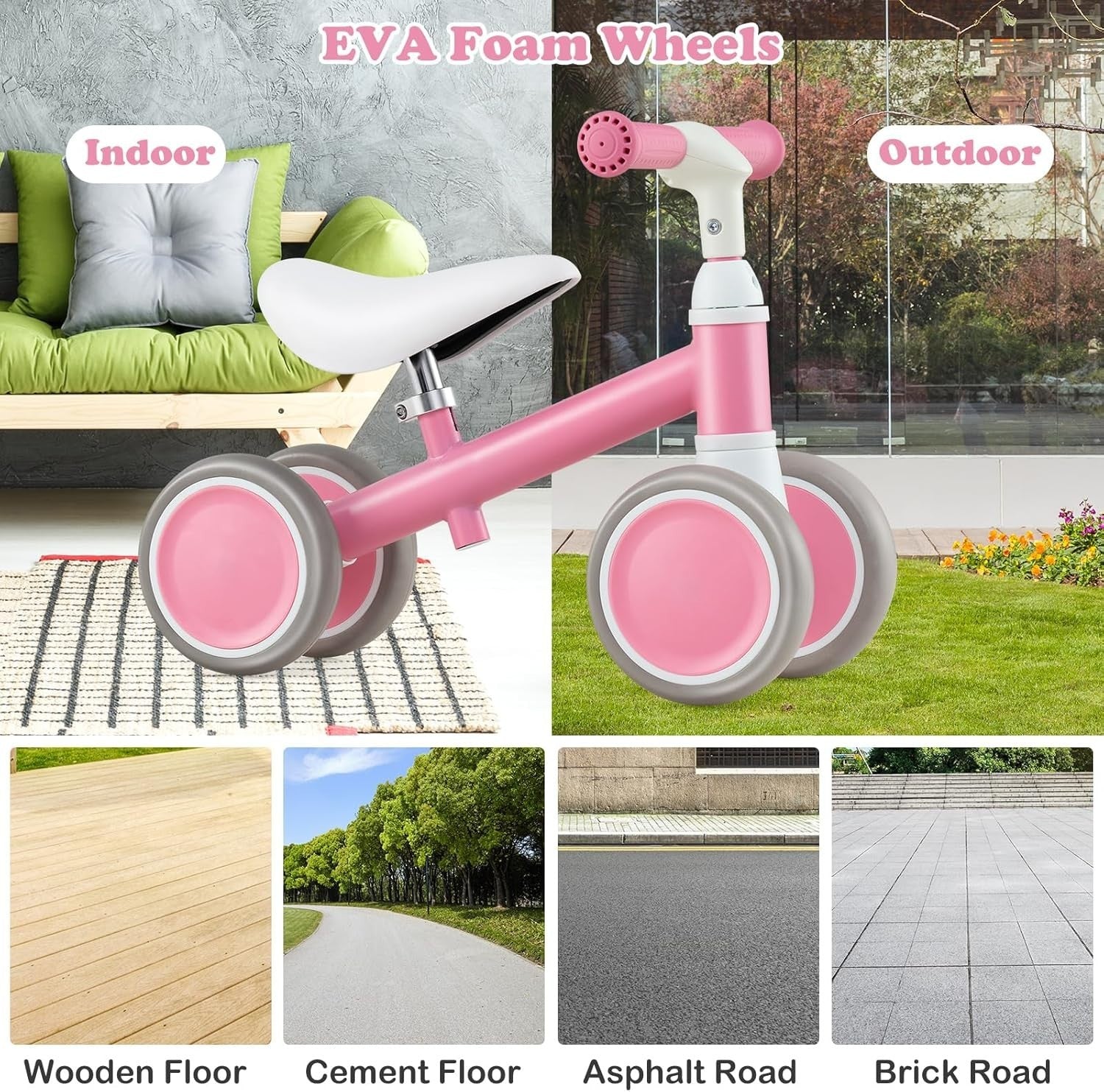 Baby Balance Bike 4 Wheel Toddler Ride On Adjustable Seat 1-3 Years