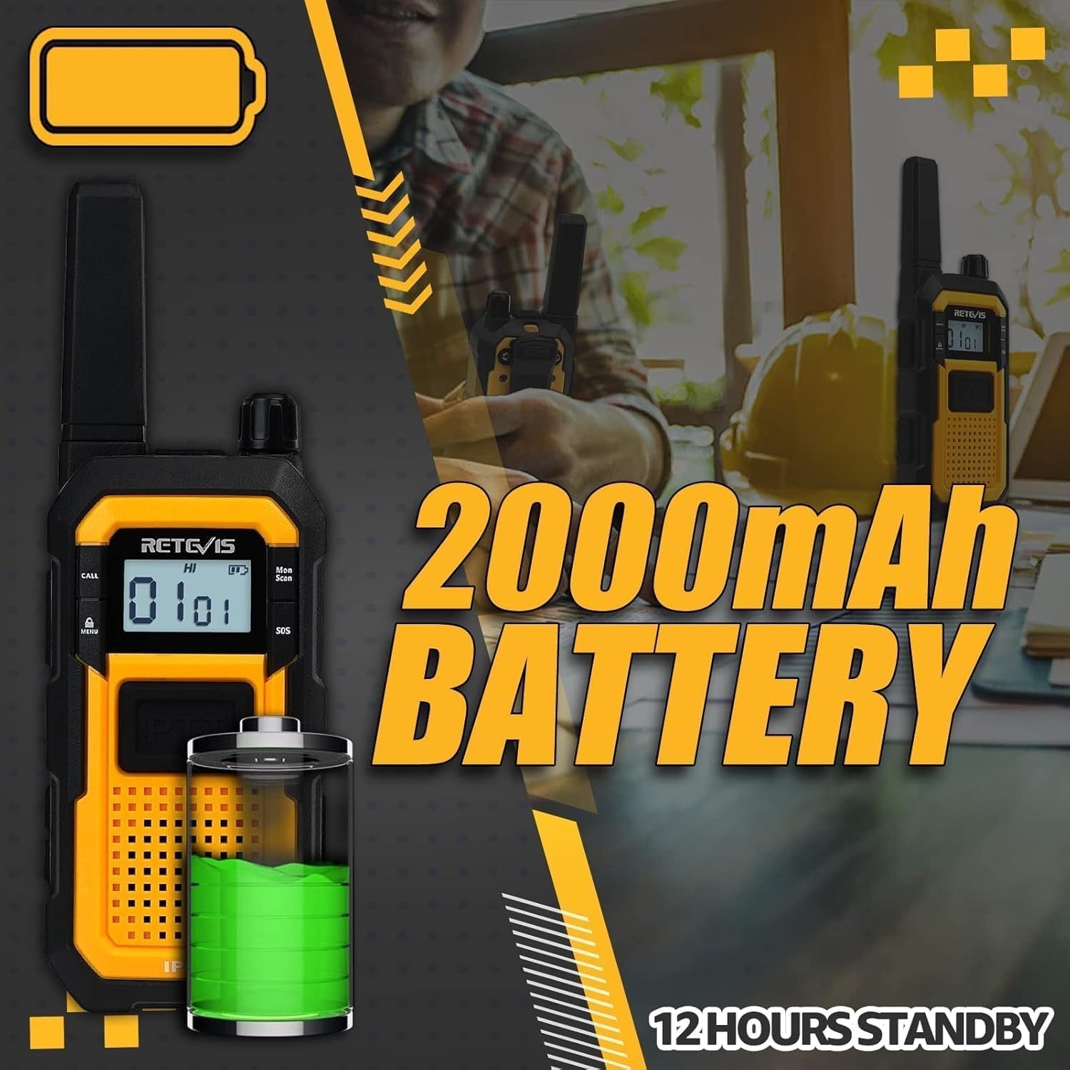 Heavy Duty Waterproof Walkie Talkies IP67 2000mAh Long Range 2 Pack