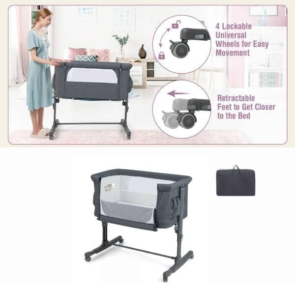 3-in-1 Baby Bedside Crib with Adjustable Heights, Mattress & Carry Bag Dark Grey