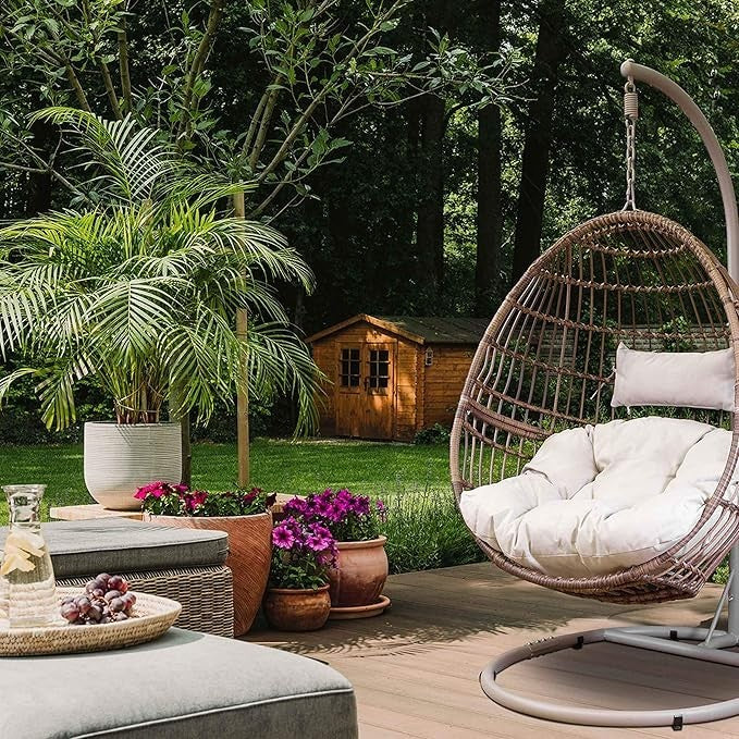 Outdoor Hanging Egg Chair Rattan Swing Seat Fire-Safe Cushions 110kg