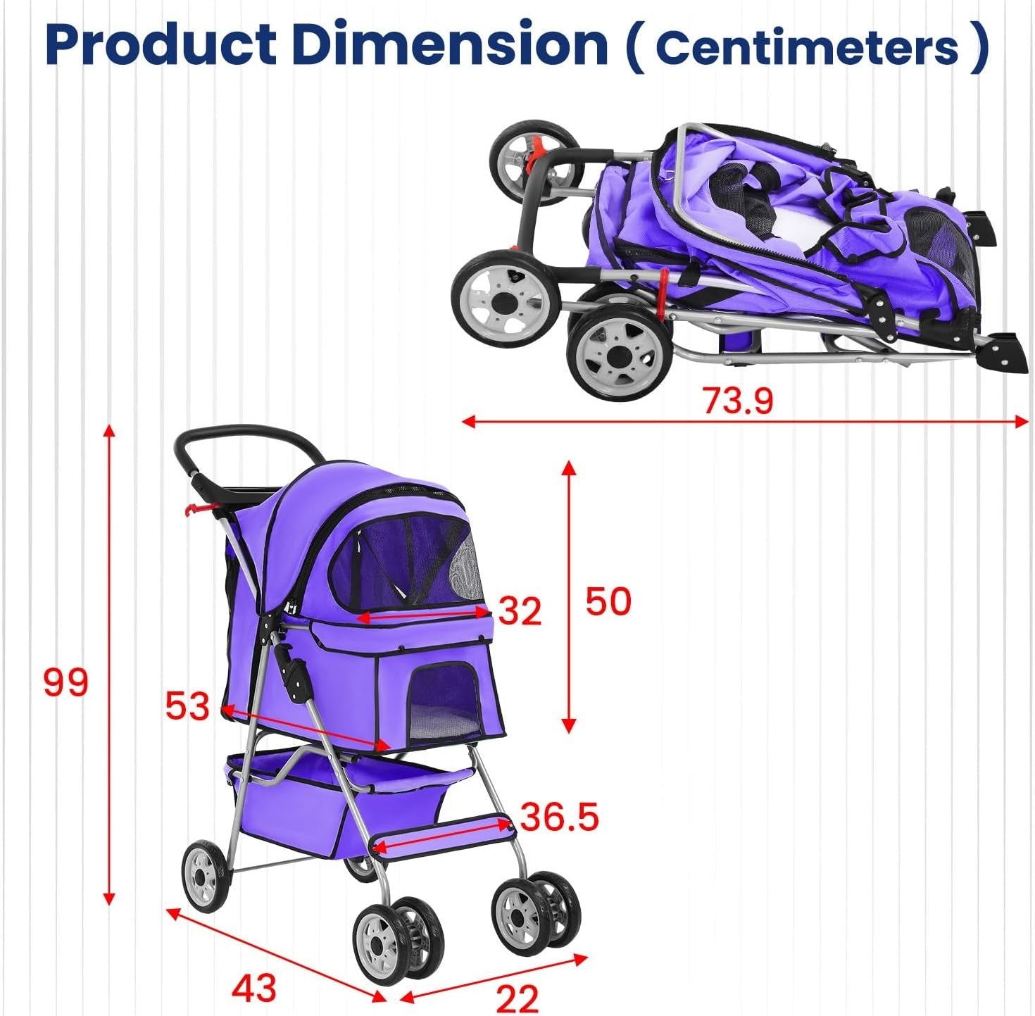 Pet Stroller Dog Cat Pushchair 4 Wheel Foldable Travel Carrier Mesh Purple