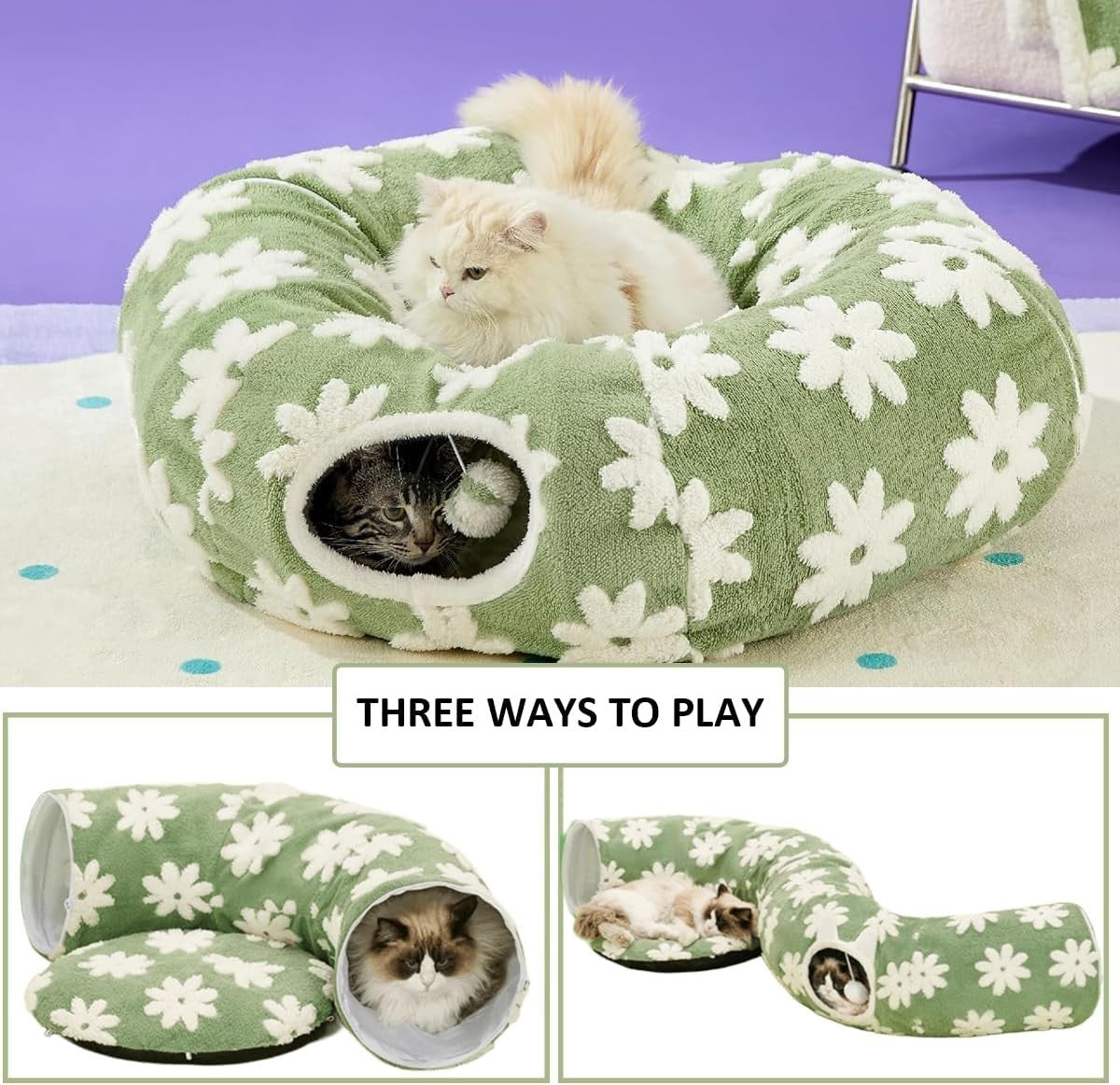 2 in 1 Cat Tunnel Bed Donut Play Toy w Washable Cushion Green