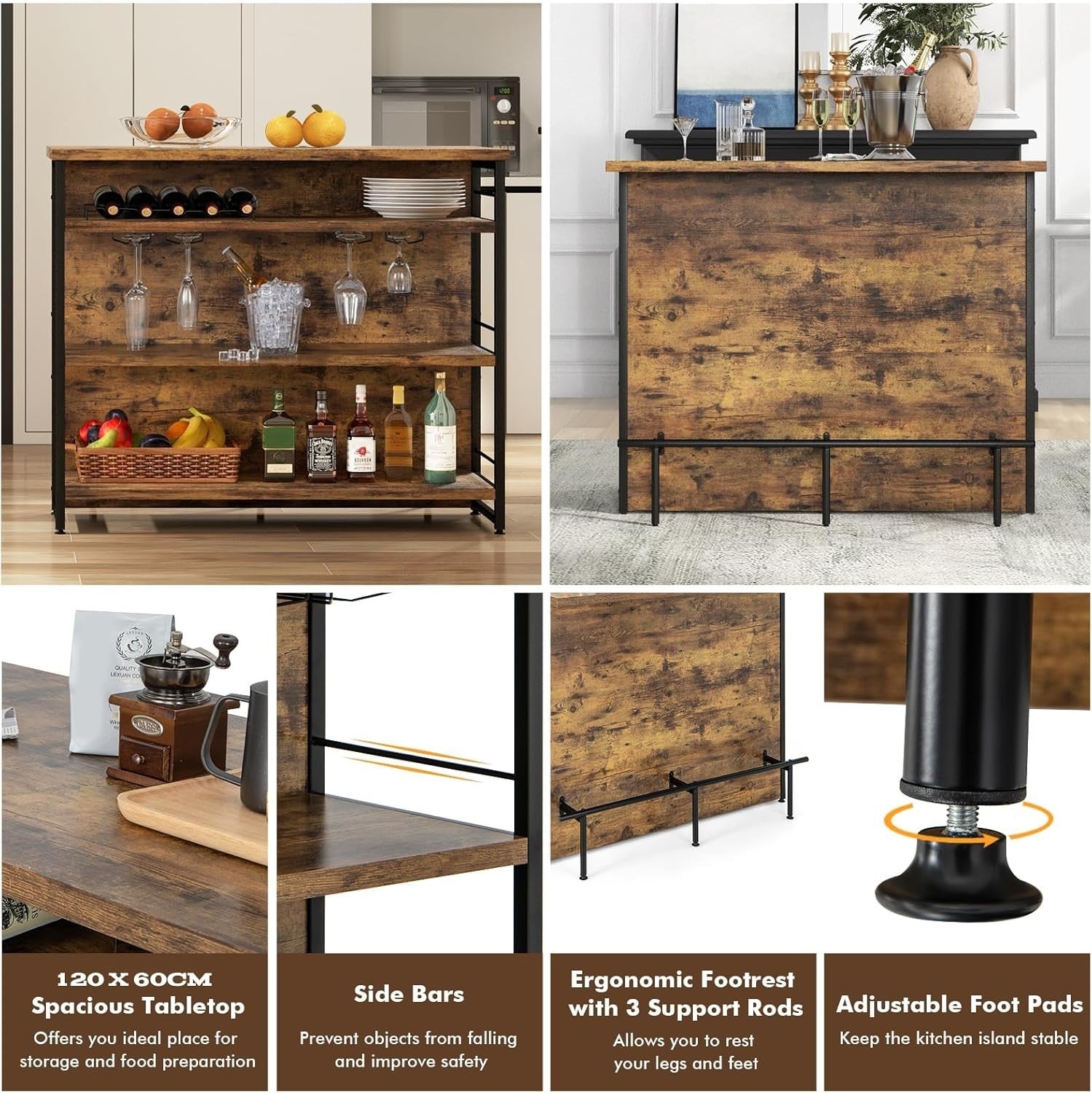 Industrial Kitchen Island Bar Table with Wine Rack & Shelves Home Counter Unit