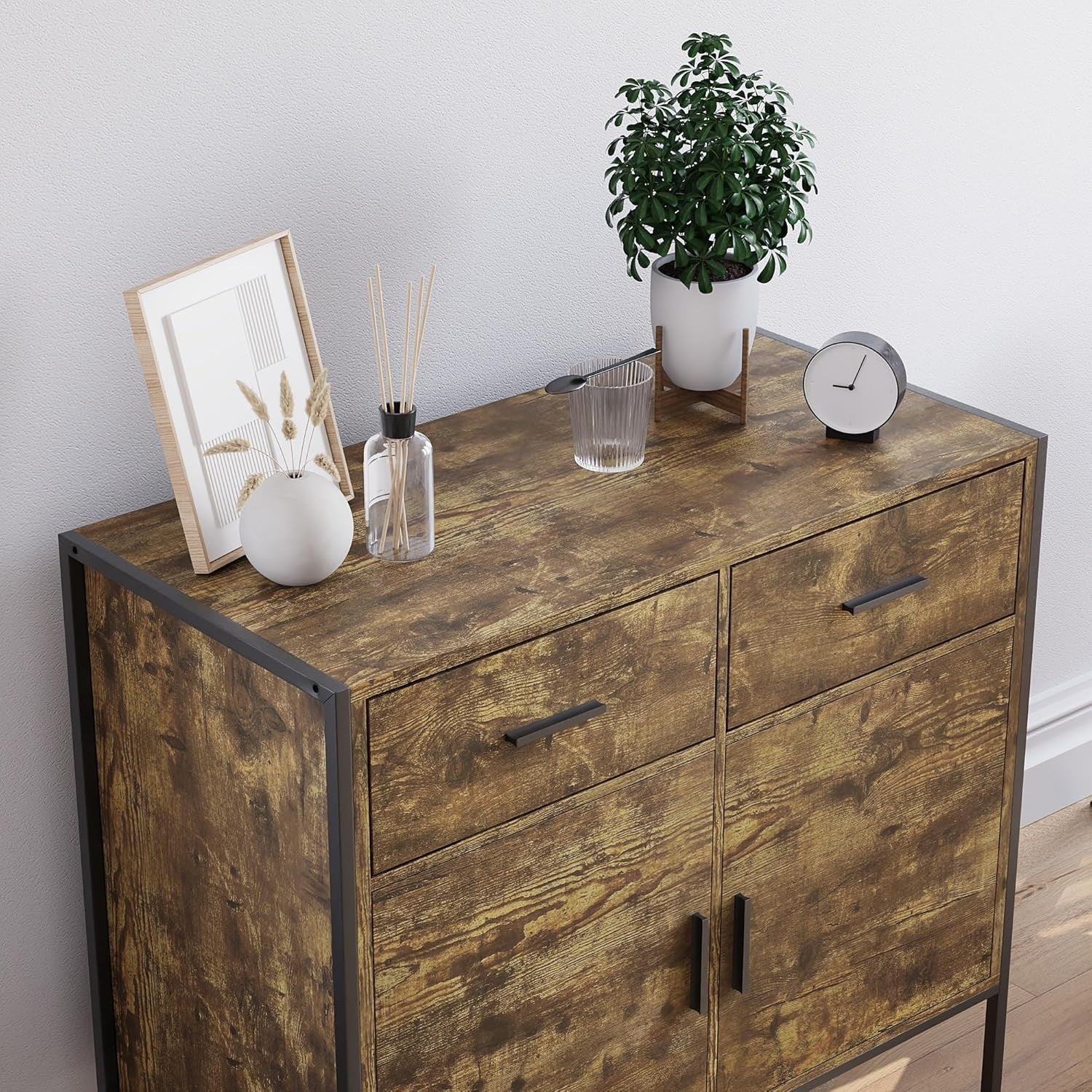 Industrial Dark Wood Sideboard Storage Cabinet 2 Door 2 Drawer Metal Legs