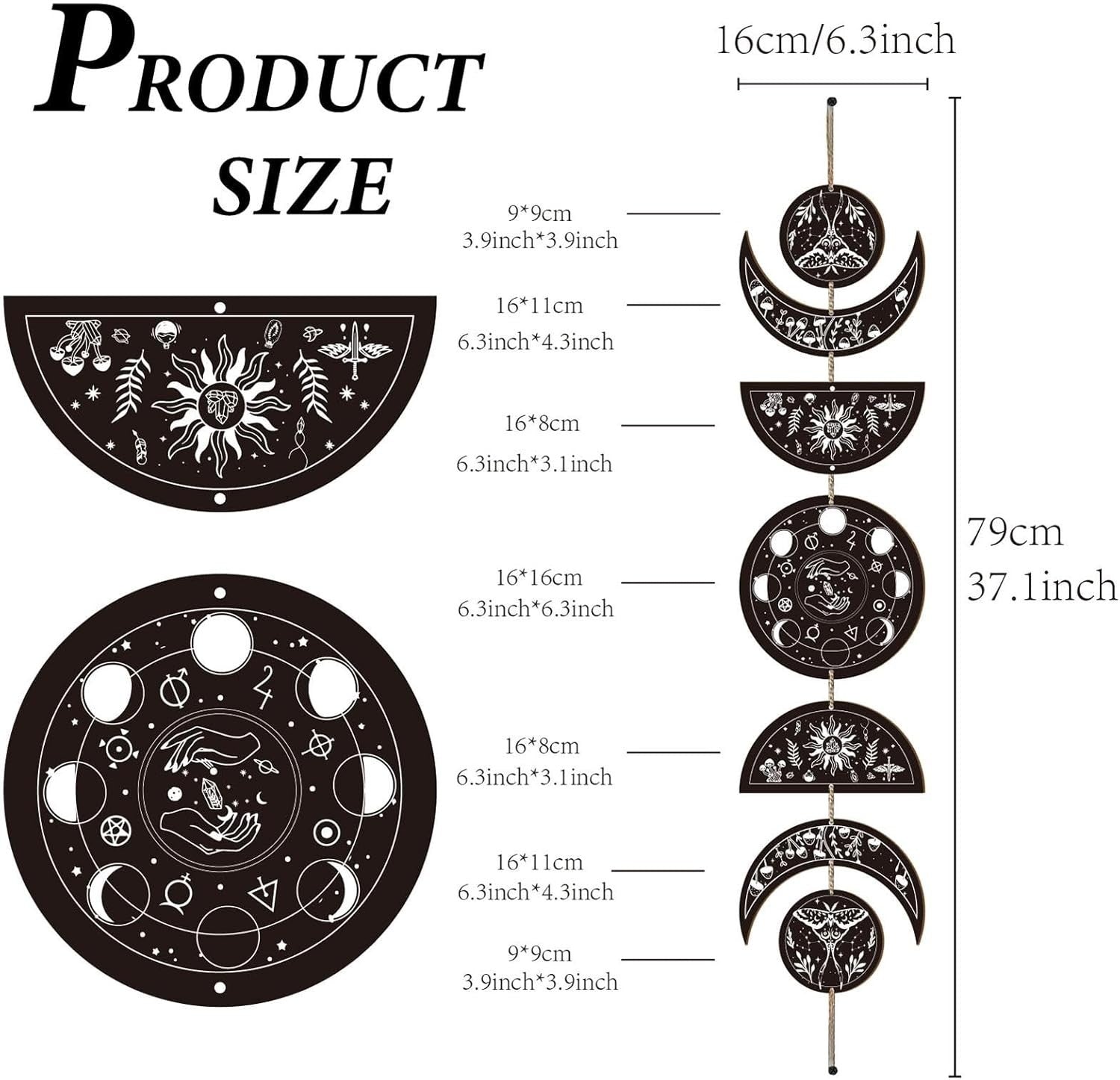 Moon Phase Wall Hanging Boho Wooden Witchy Decor 7pcs