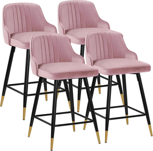 Pink Velvet Swivel Bar Stools Set of 4 – Luxury Kitchen Counter Chairs