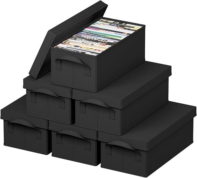 6 Pack DVD Storage Boxes Stackable Lid Organizer Holds 150 DVDs Black