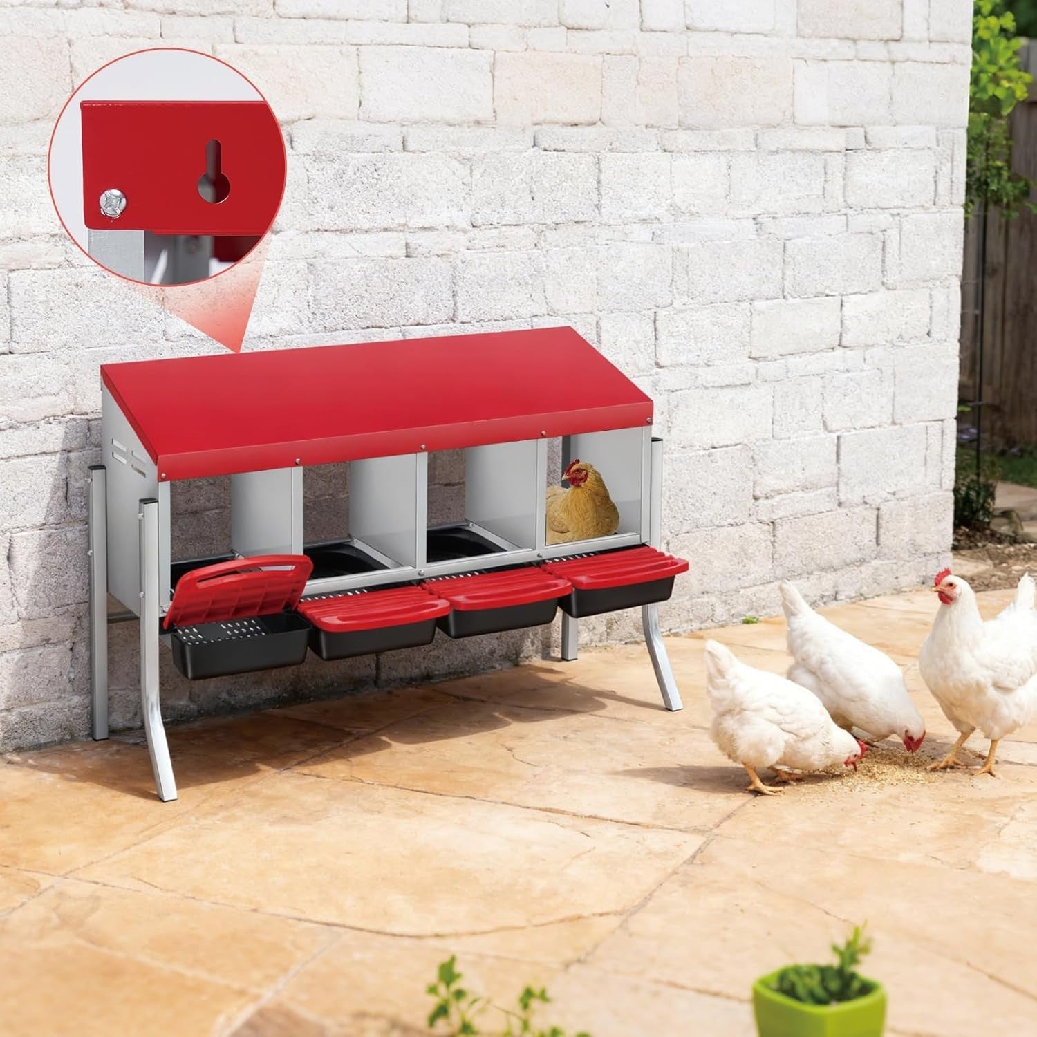 4 Chamber Galvanised Steel Chicken Nest Box Pull Out Tray Red