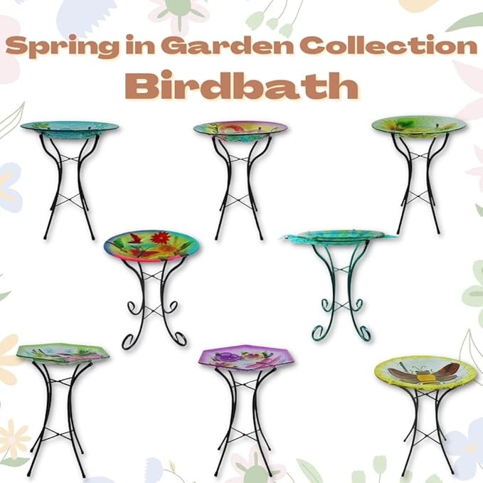 28" Glass Bird Bath Garden Stake – Chrysanthemum Design Outdoor Feeder
