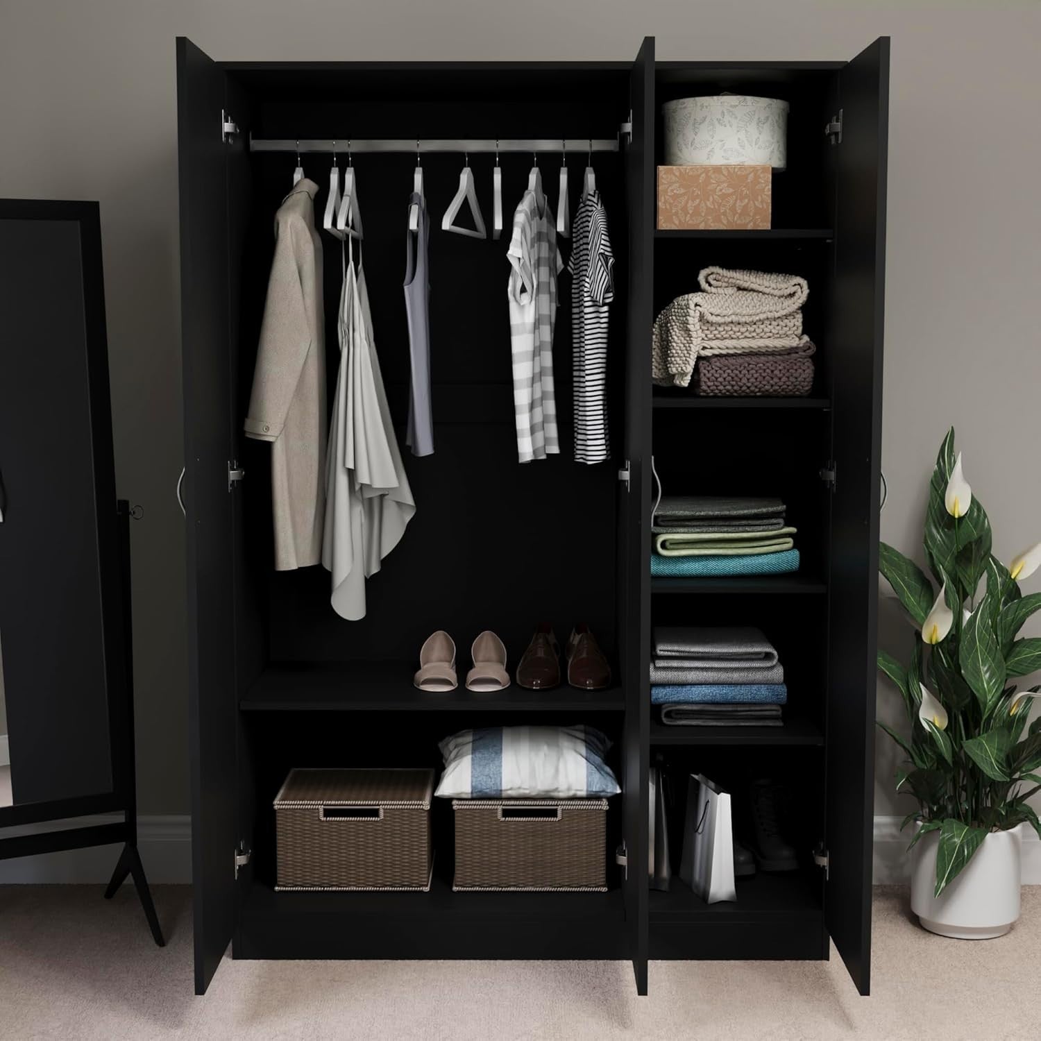 Black 3 Door Wardrobe with Shelf & Rail Modern Bedroom Storage