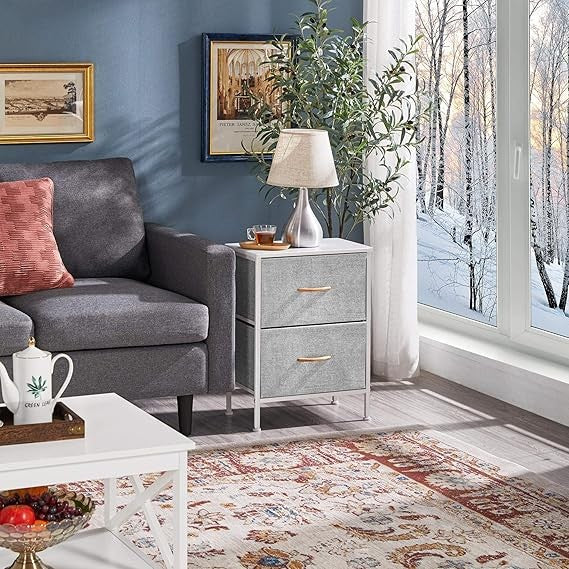 Modern Bedside Tables Set of 2 with Fabric Drawers & Metal Frame Light Grey