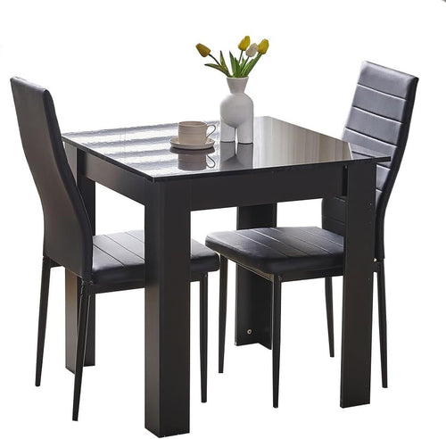 Space-Saving Black PU Chairs Square Wooden Table 3pc Compact Dining Set