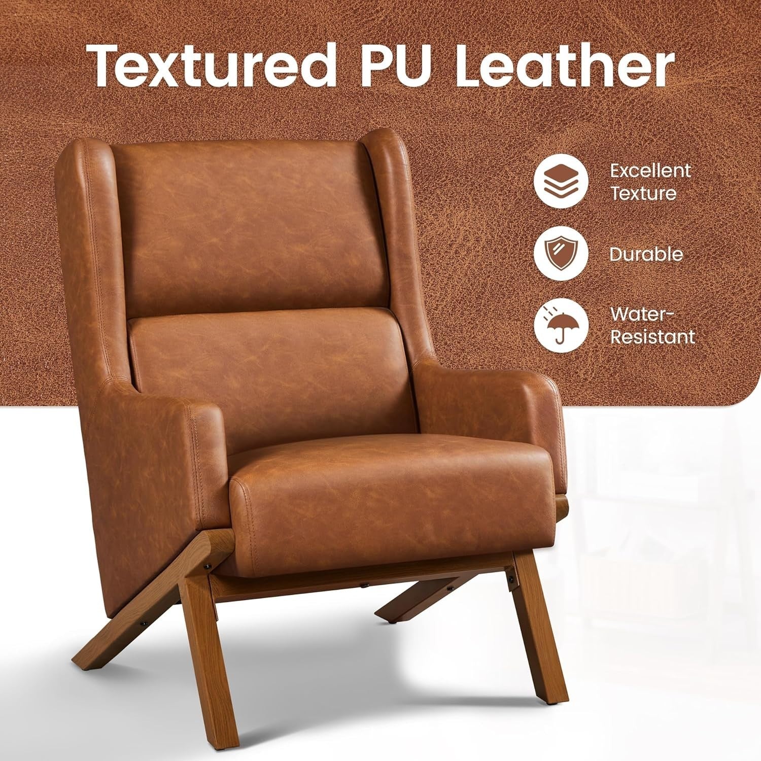 Brown PU Leather Accent Chair High Back Armchair for Lounge Office