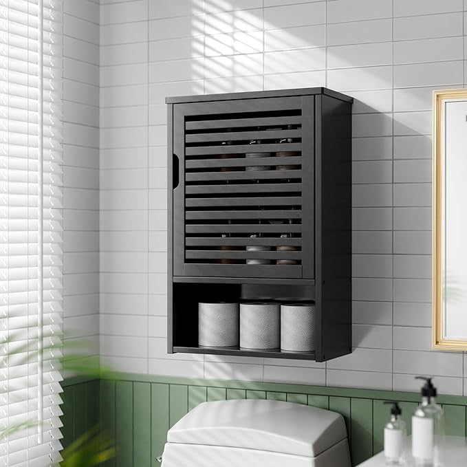 Wall Mounted Bathroom Cabinet Black Bamboo Cupboard Adjustable Shelf Storage Uni