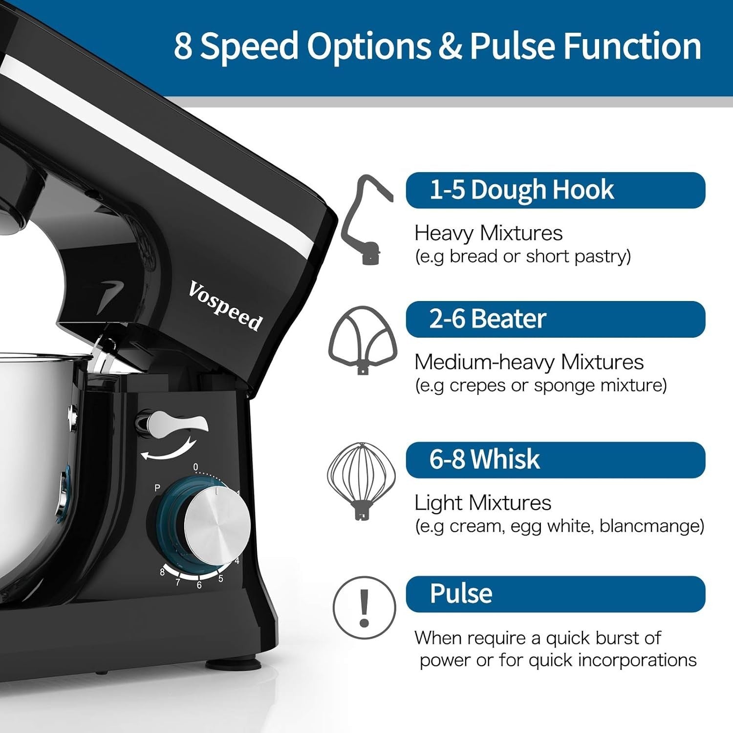 5QT 1000W Stand Mixer 8-Speed Tilt-Head Food Mixer Stainless Steel Black