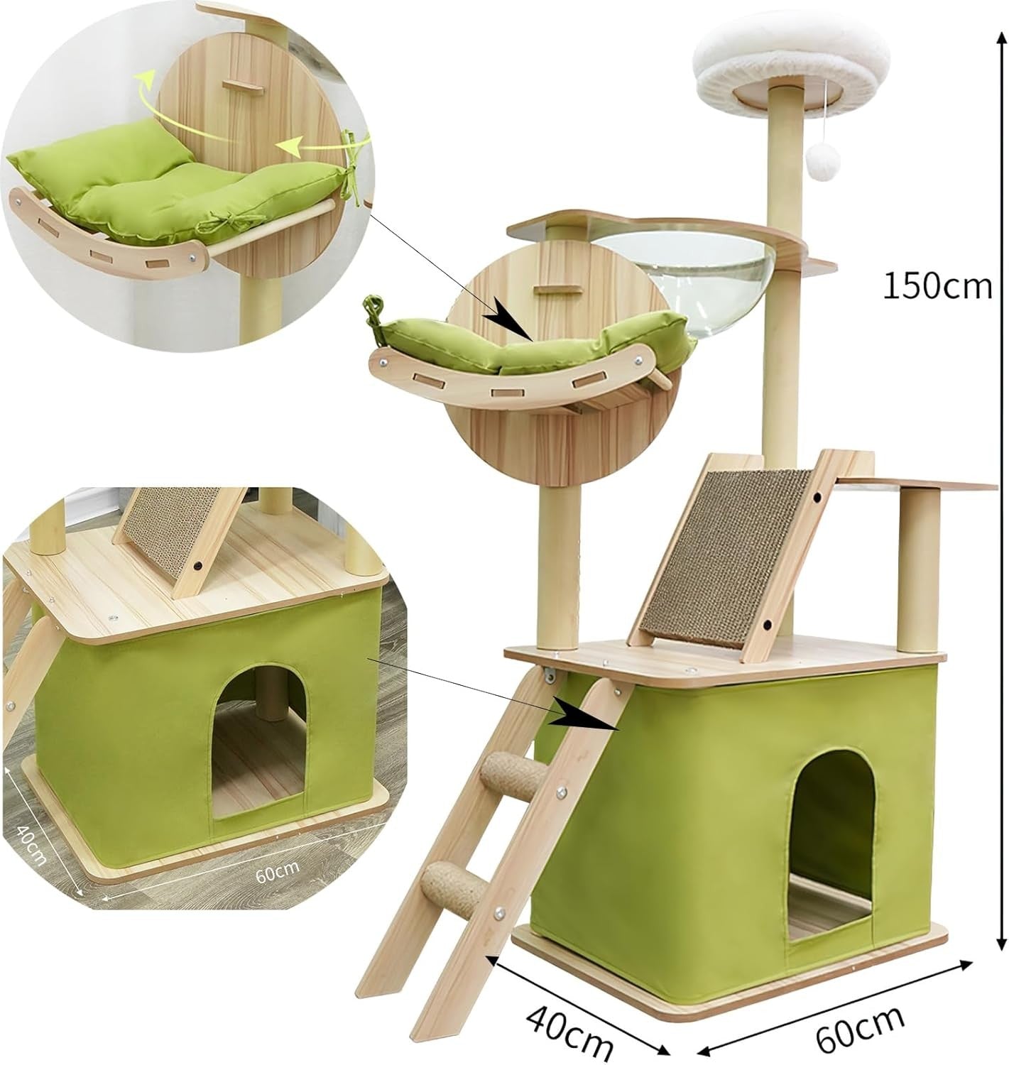 150cm Cat Tree Tower Indoor Condo Capsule Hammock Ladder Large Cats