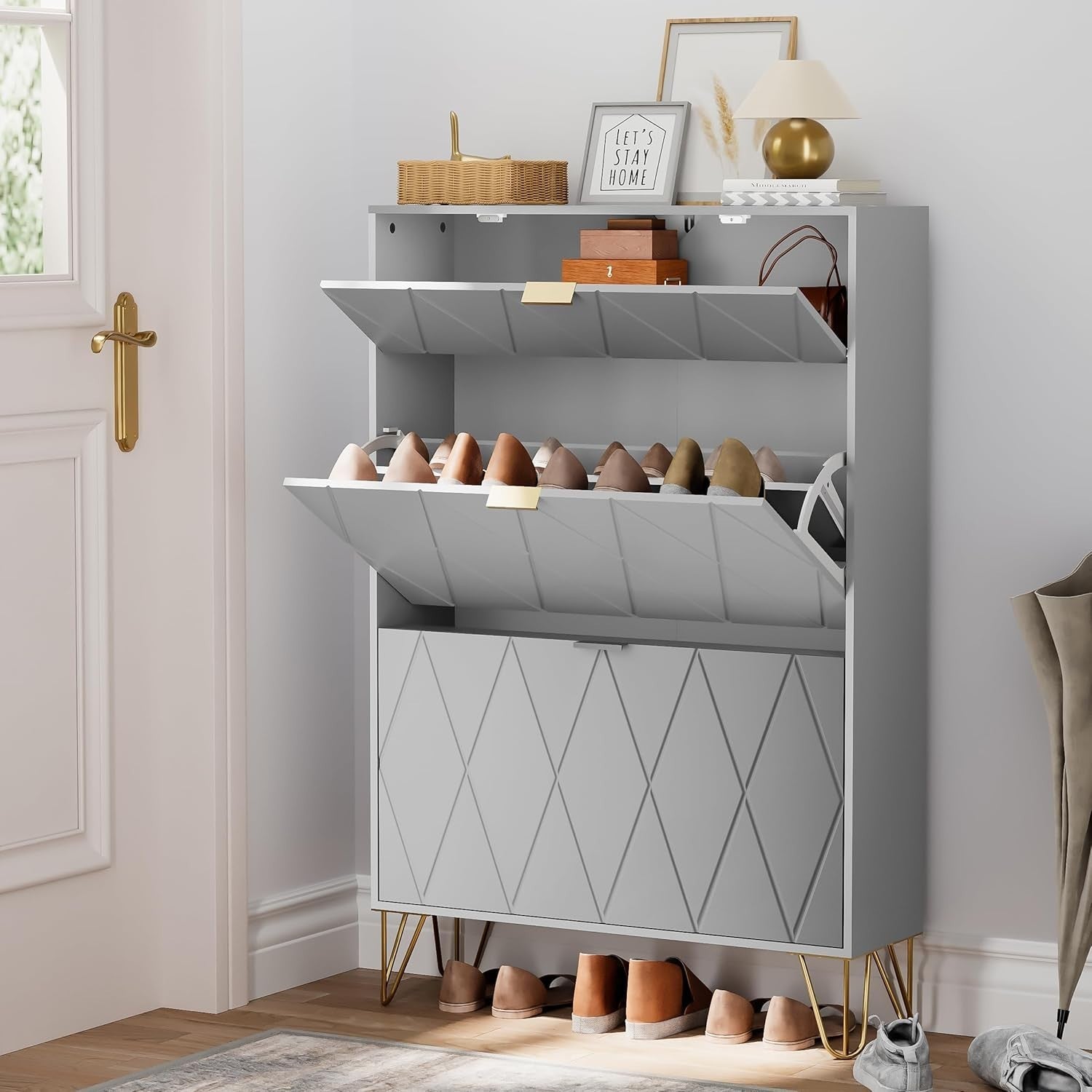 Modern Tilting Shoe Cabinet 16 Pair Storage 3 Compartment Hidden Shelf 80x120cm