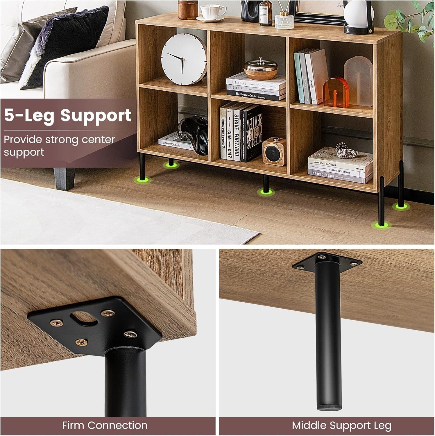 Natural 6-Cube Adjustable Storage Bookcase with Metal Legs 120x35x78cm