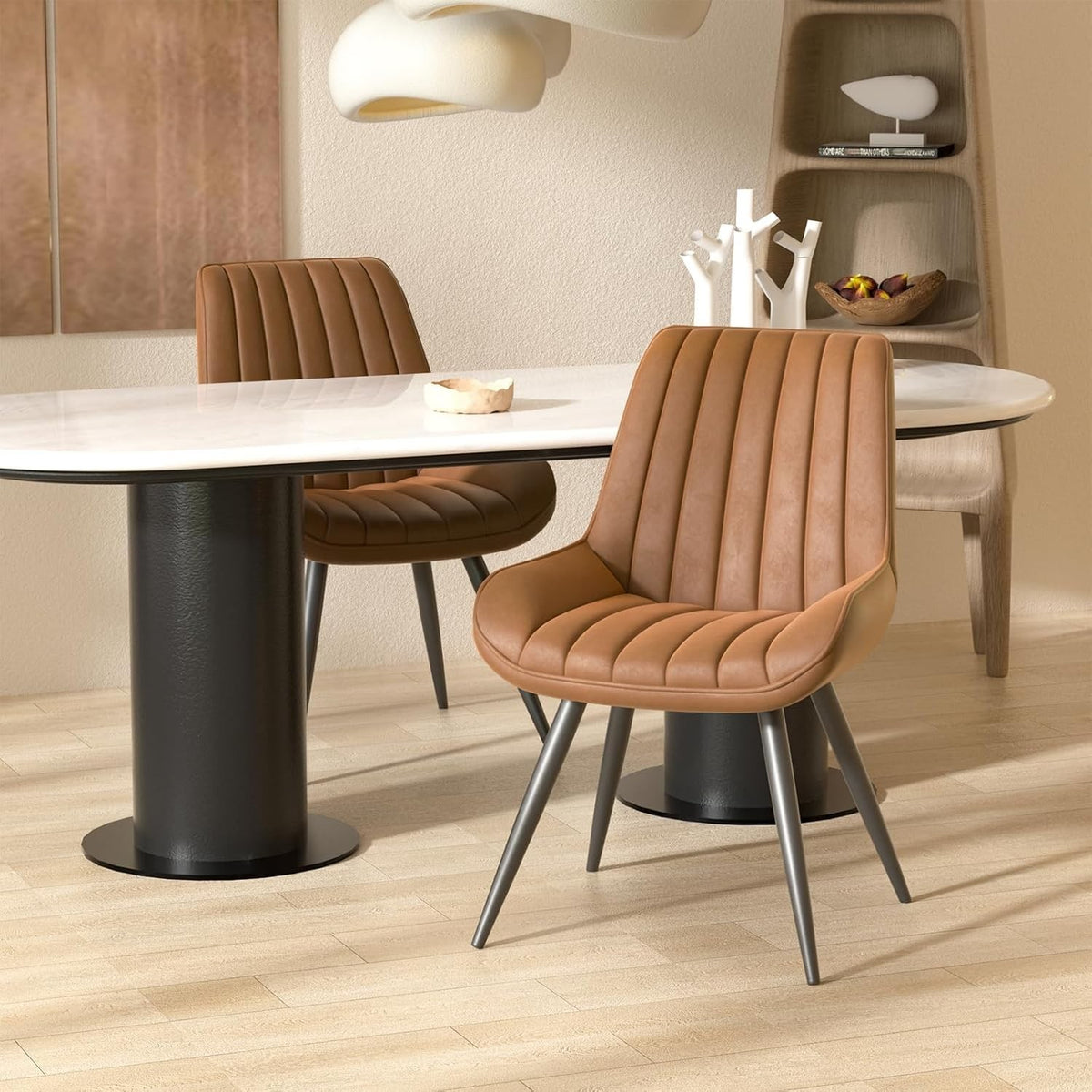 2 Brown Upholstered Dining Chairs Thick Cushion Kitchen Chair Metal Legs