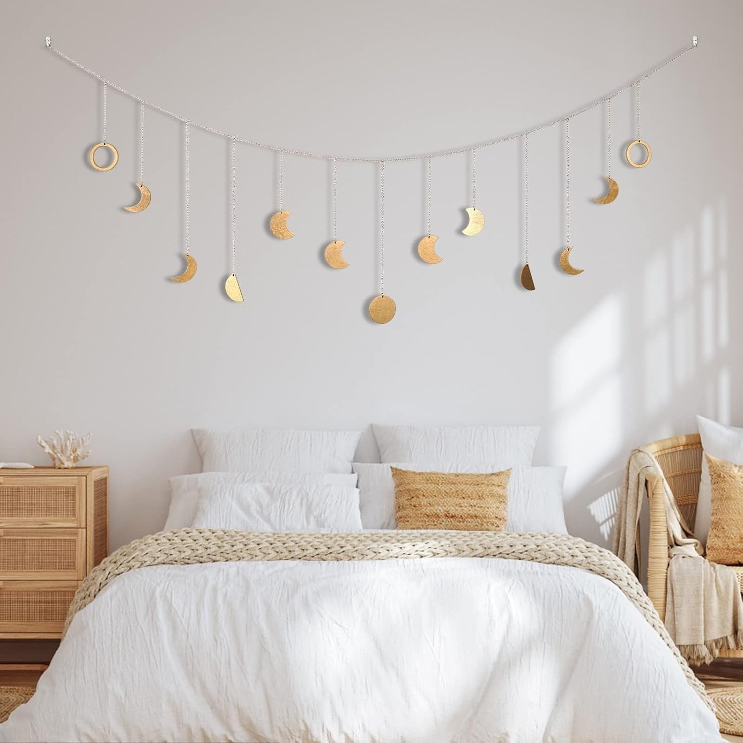 Boho Moon Phase Wall Hanging Garland LED Gold Wood Decor