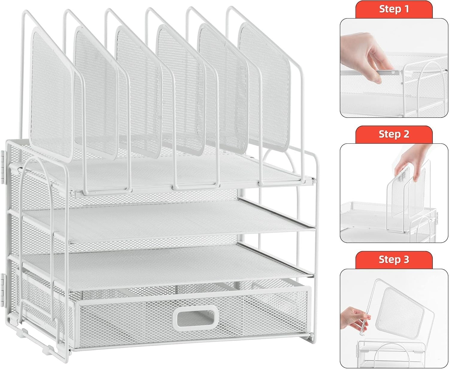 4-Tier Desk Organizer Tray with Drawer, 5 Vertical File and Pen Holders