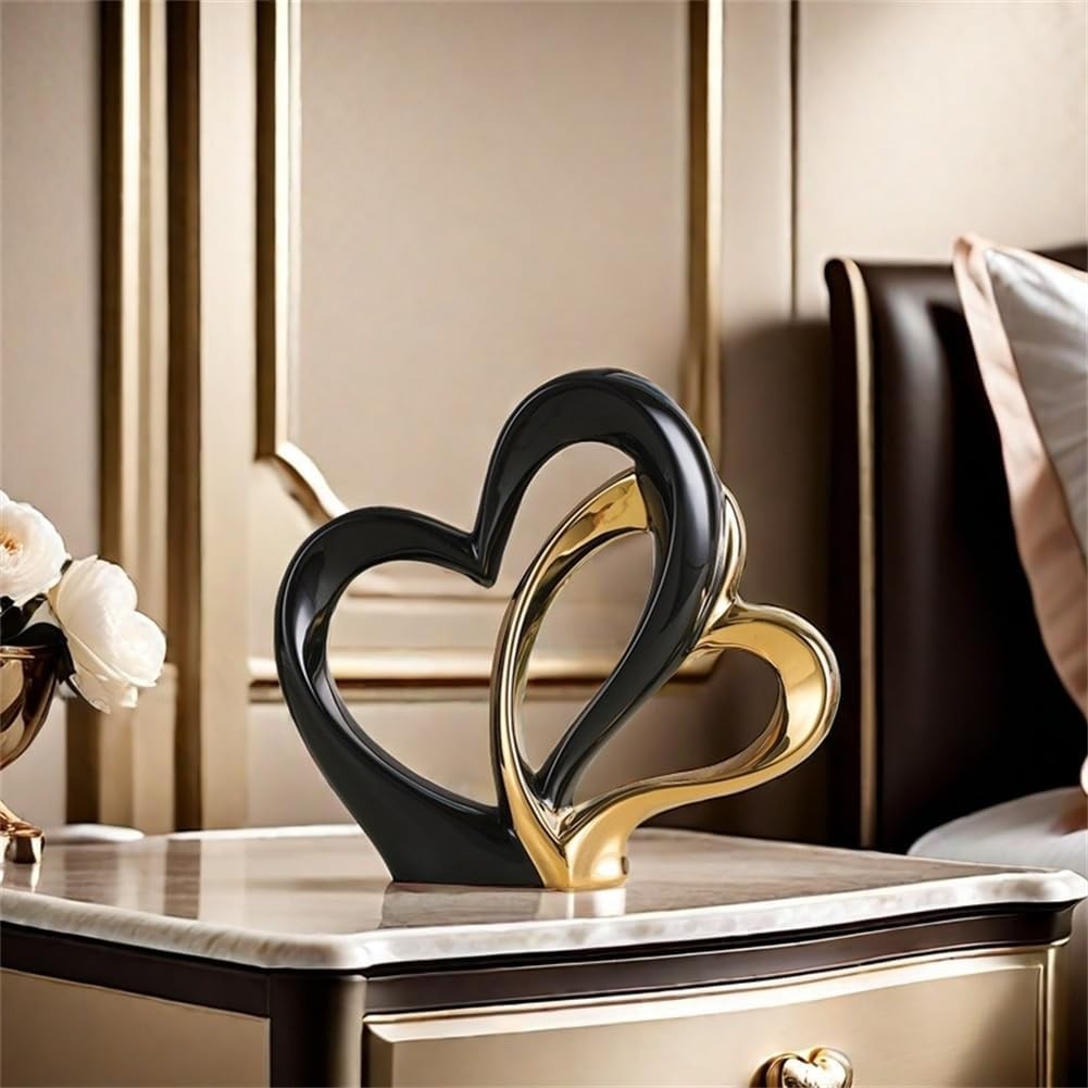 Modern Double Heart Ceramic Sculpture • Black & Gold Romantic Home Decor Gift