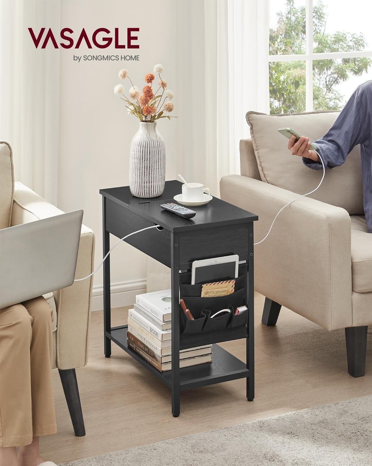 Slim Side Table with USB Charging Ports, Storage & Power Strip, Black