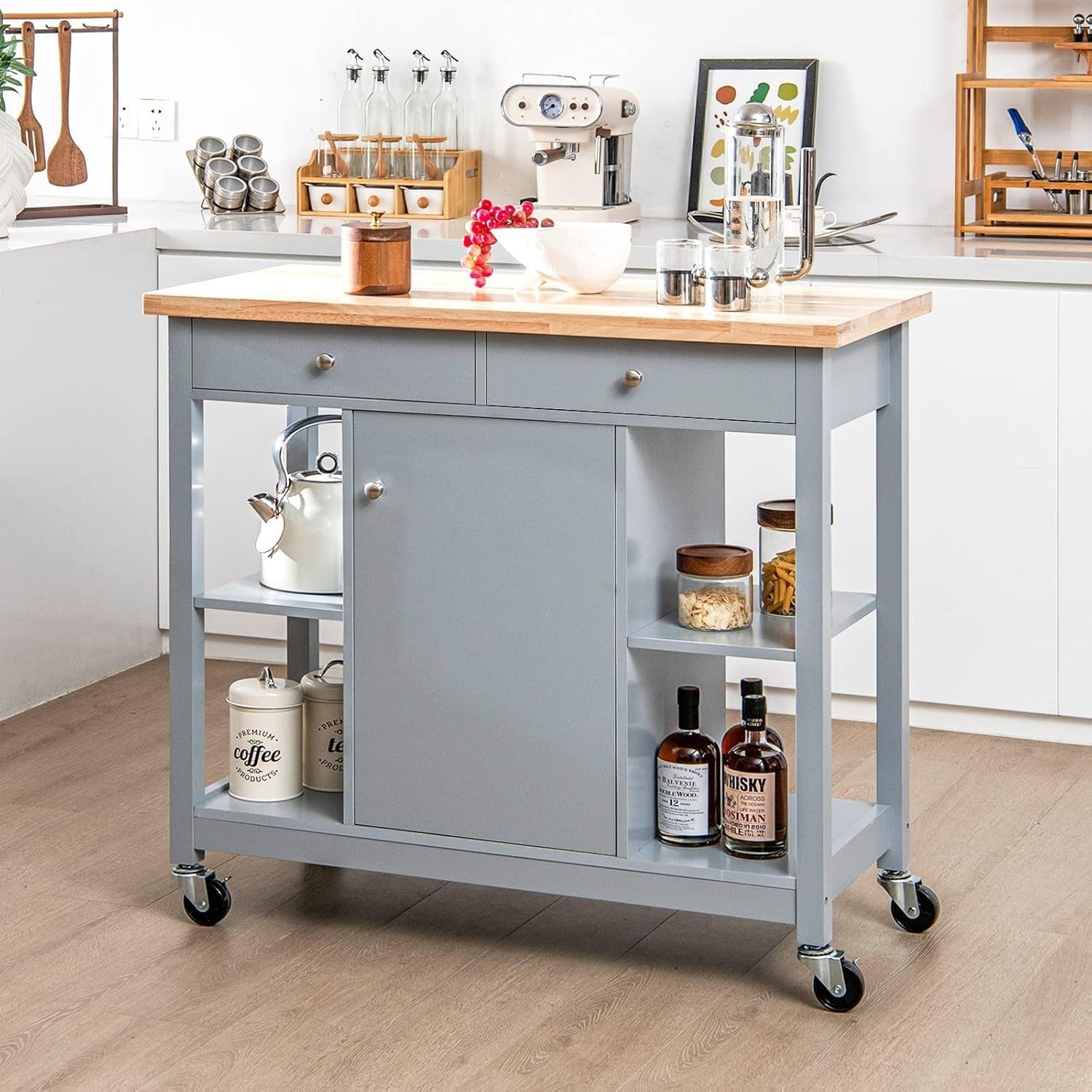 Kitchen Island Trolley with Drawers & Adjustable Shelf Grey 99x46x90cm